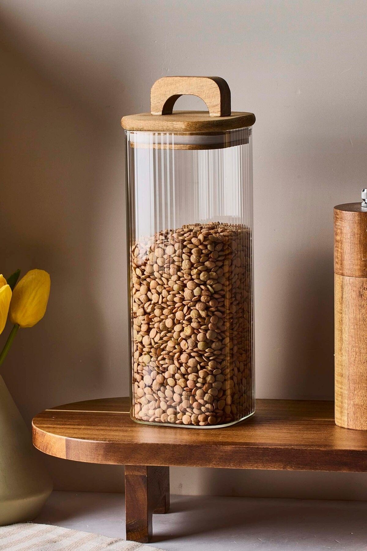 Acacia 1100 ml Akasya Vakum Kapak Borosilikat Kare Cam Kavanoz 8x20 Cm