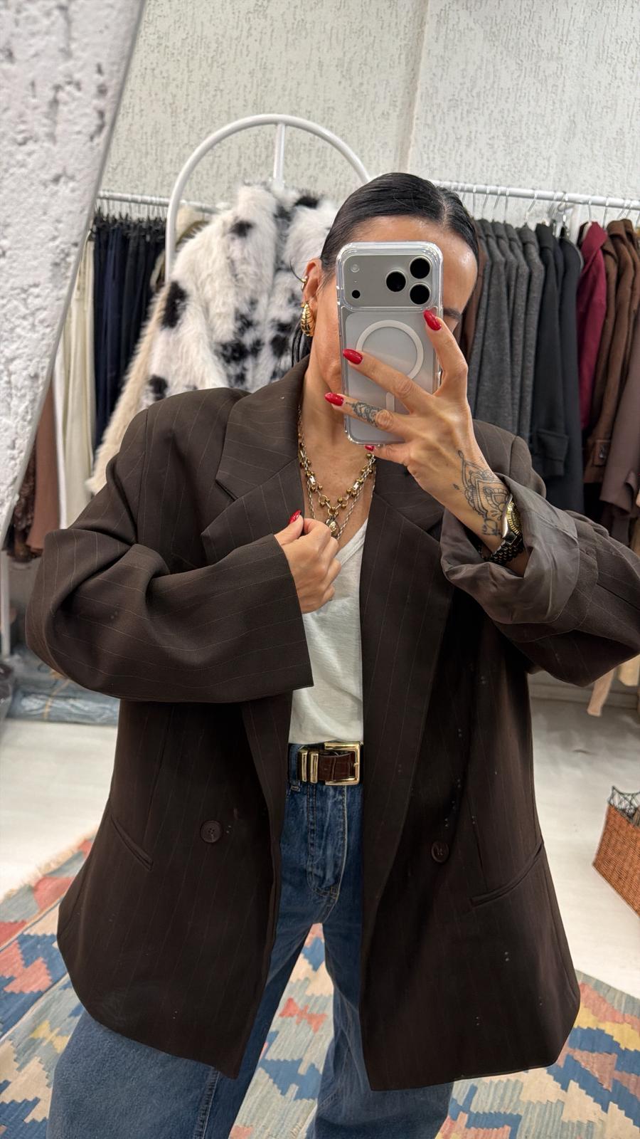 Kahve Çizgili Oversize Blazer Ceket 