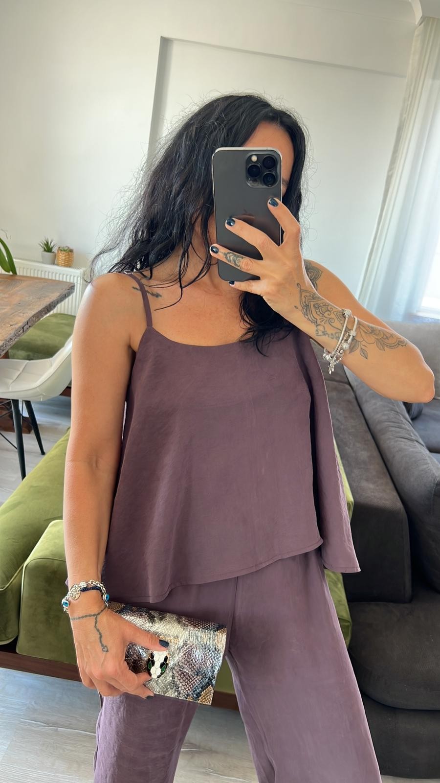 Mürdüm Askılı Bluz Pantolon Takım