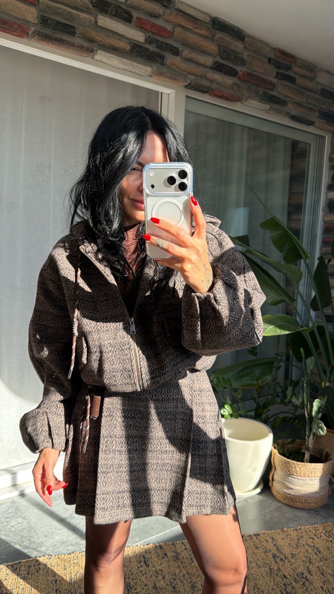 Kahve Balıksırtı Desenli Kapüşonlu Ceket