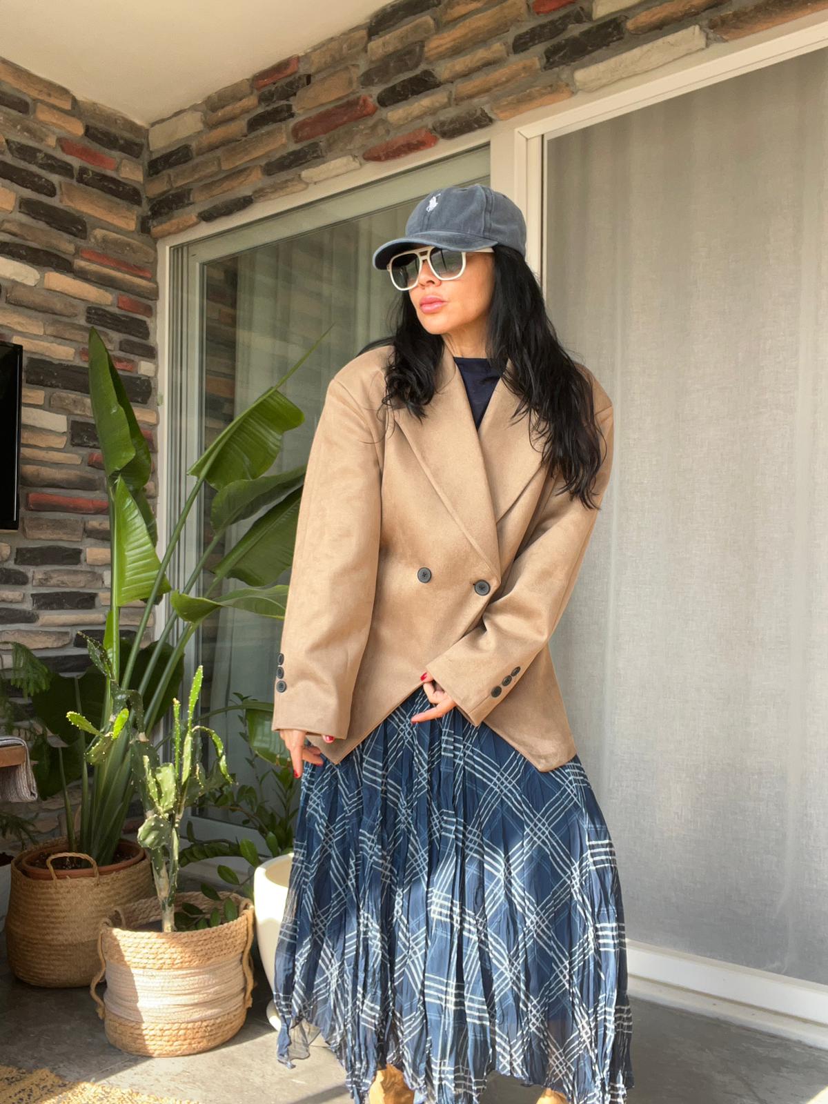 Petrol Mavisi Ekose Desenli Pliseli Asimetrik Etek