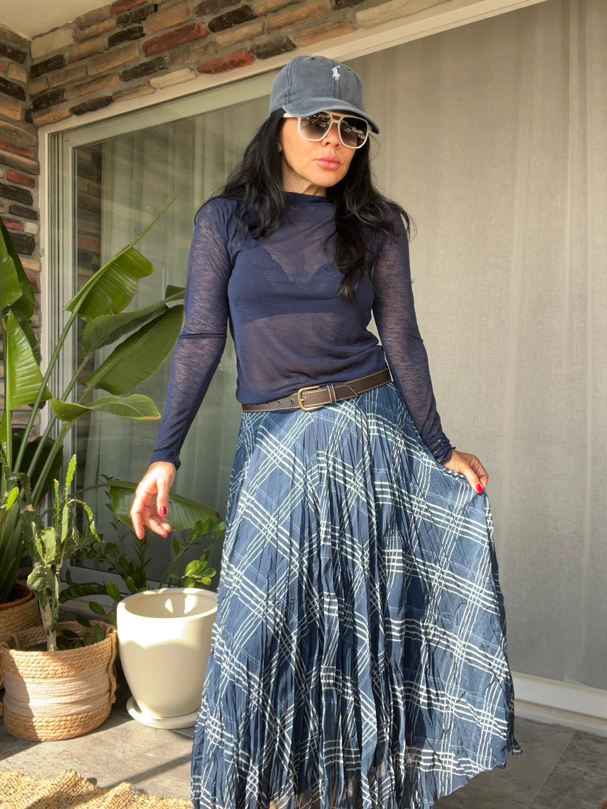 Petrol Mavisi Ekose Desenli Pliseli Asimetrik Etek