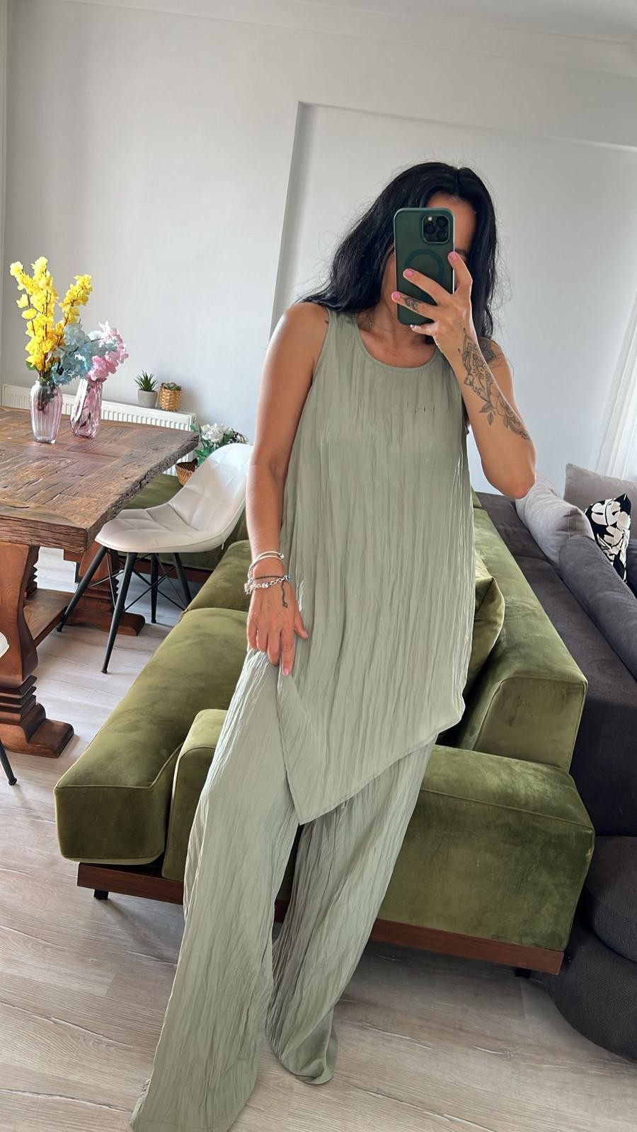 Krinkıl Kumaş Asimetrik Bluz Pantolon Takım 