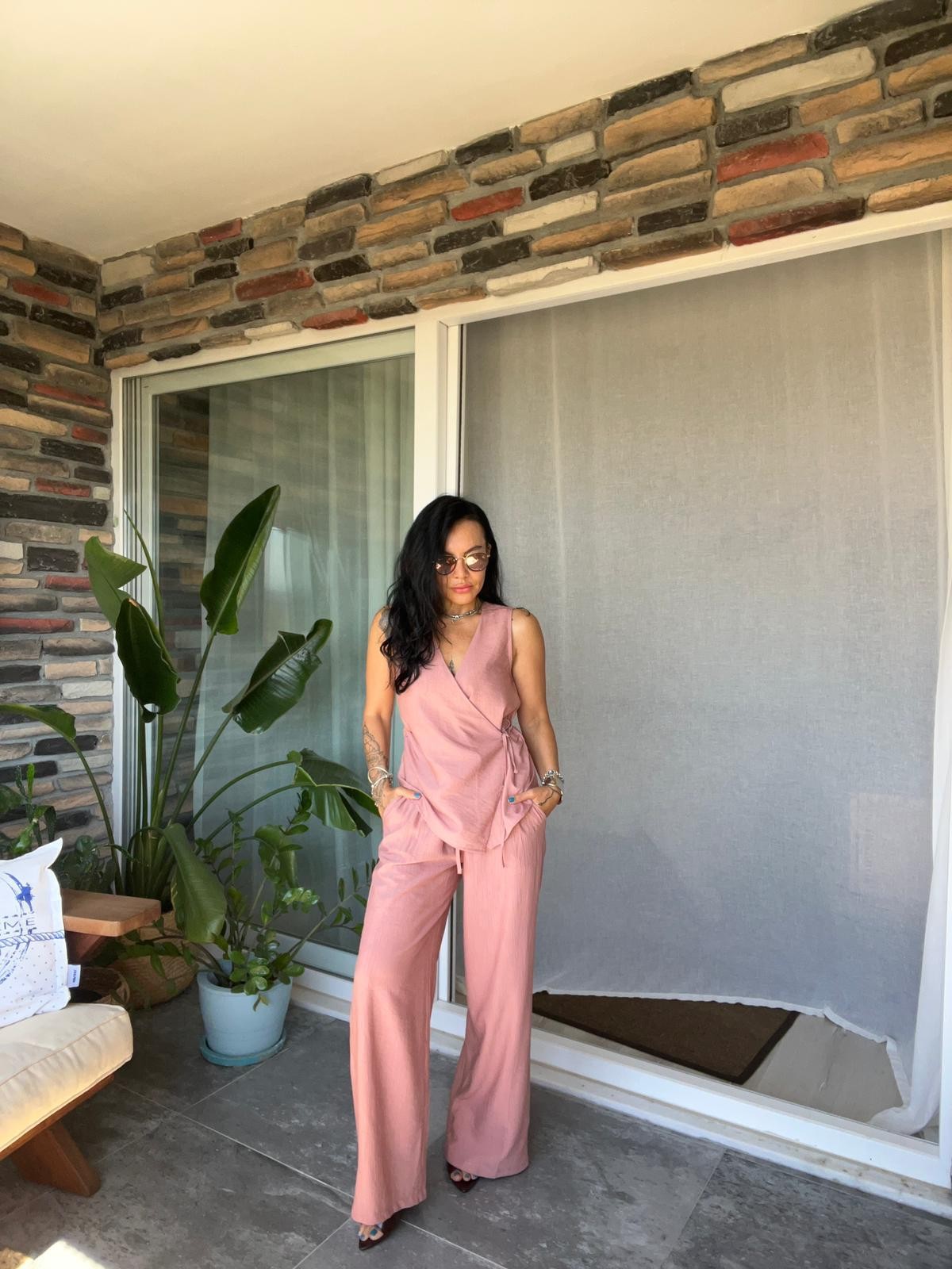 Bağlamalı Bluz Pantolon Takım