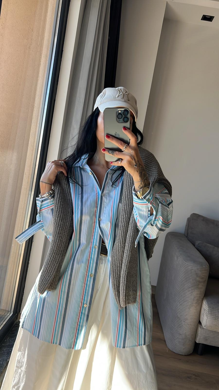 Dikey Çizgili Oversize Gömlek 