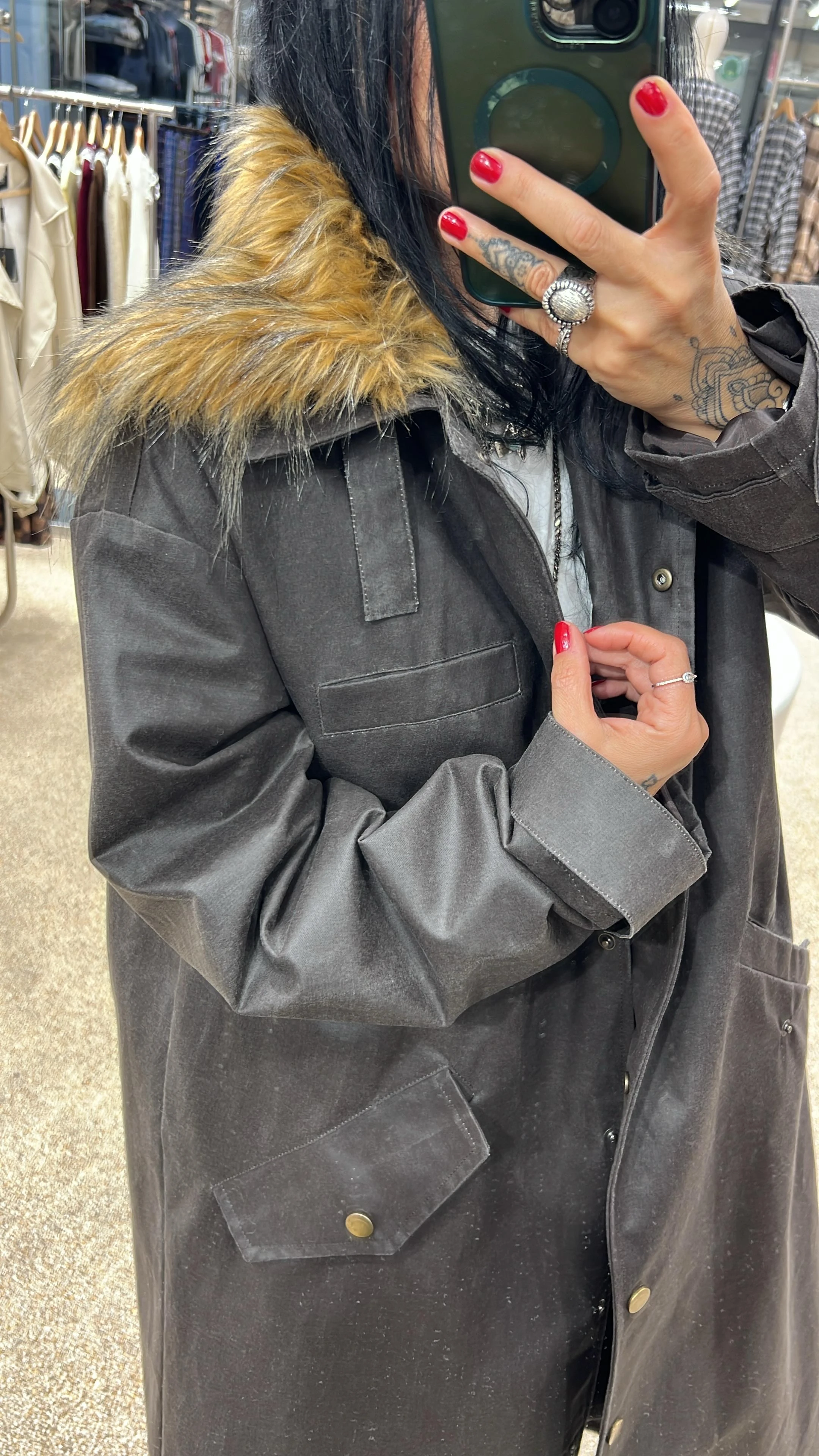 Yağlı Doku Kürk Yaka Eskitme Kahve Uzun Trençkot 