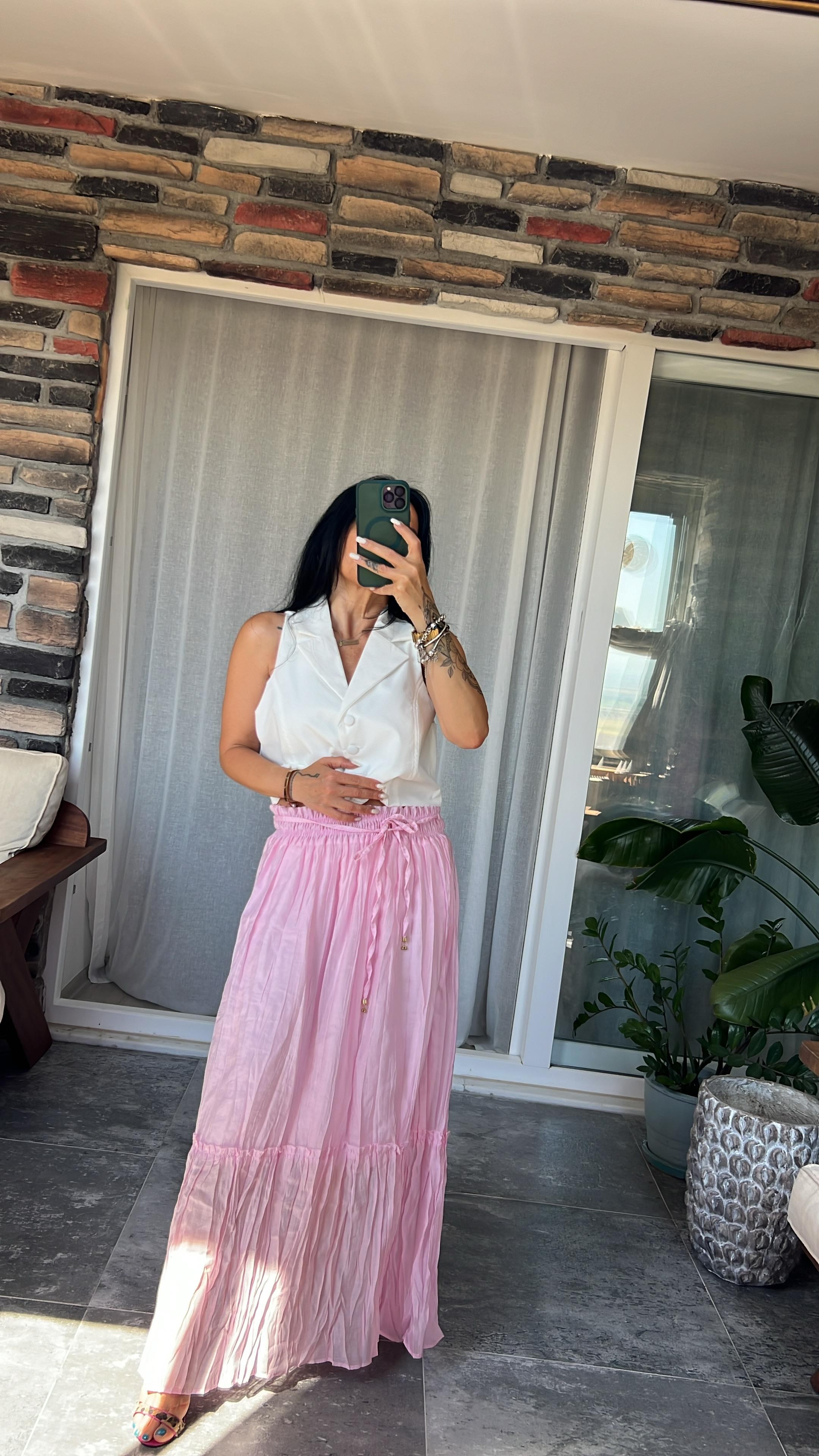 Lastikli Kraslı Etek  - Pembe