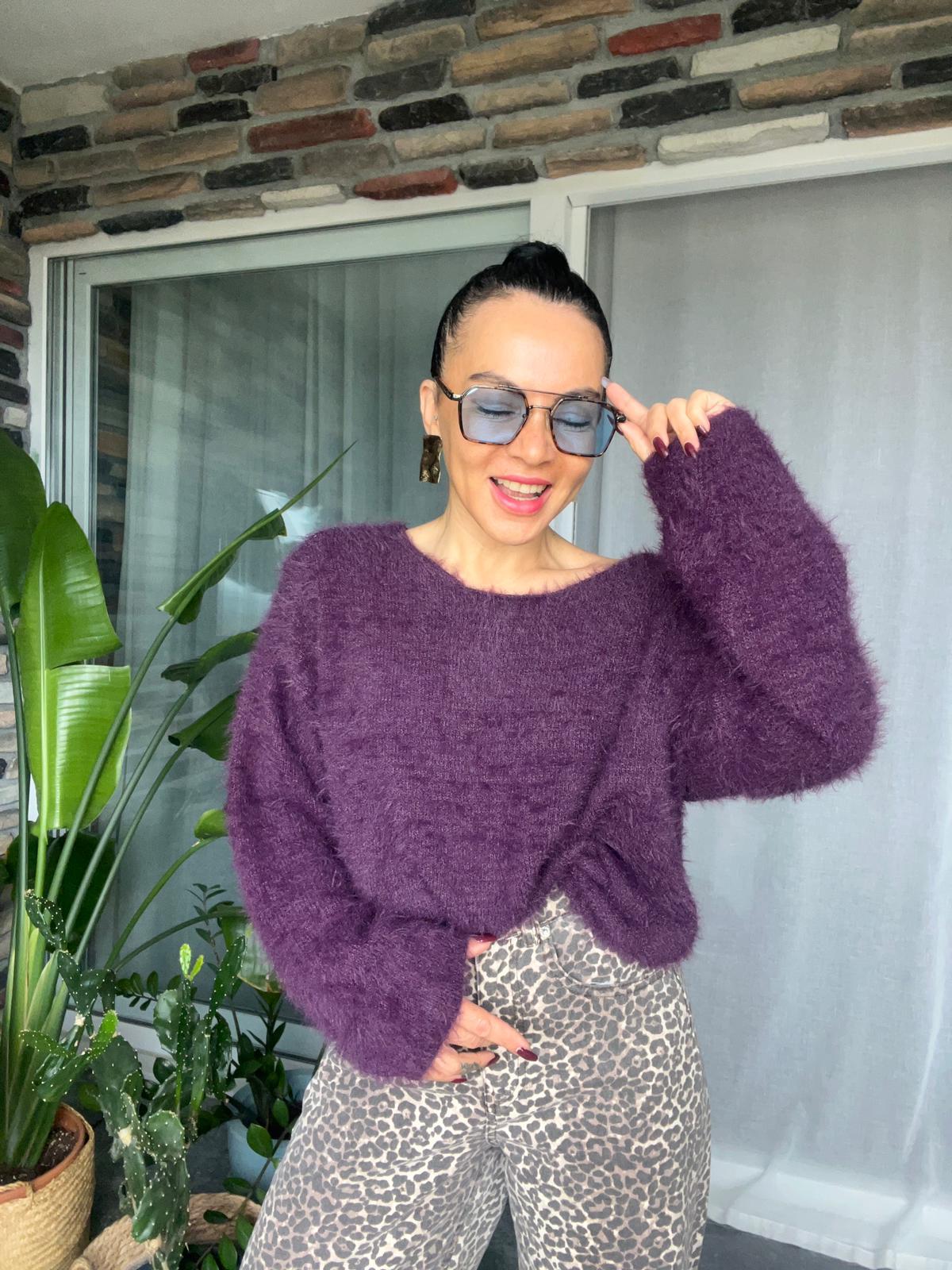 Kayık Yaka Yumuşak Dokulu Triko Kazak - Mürdüm