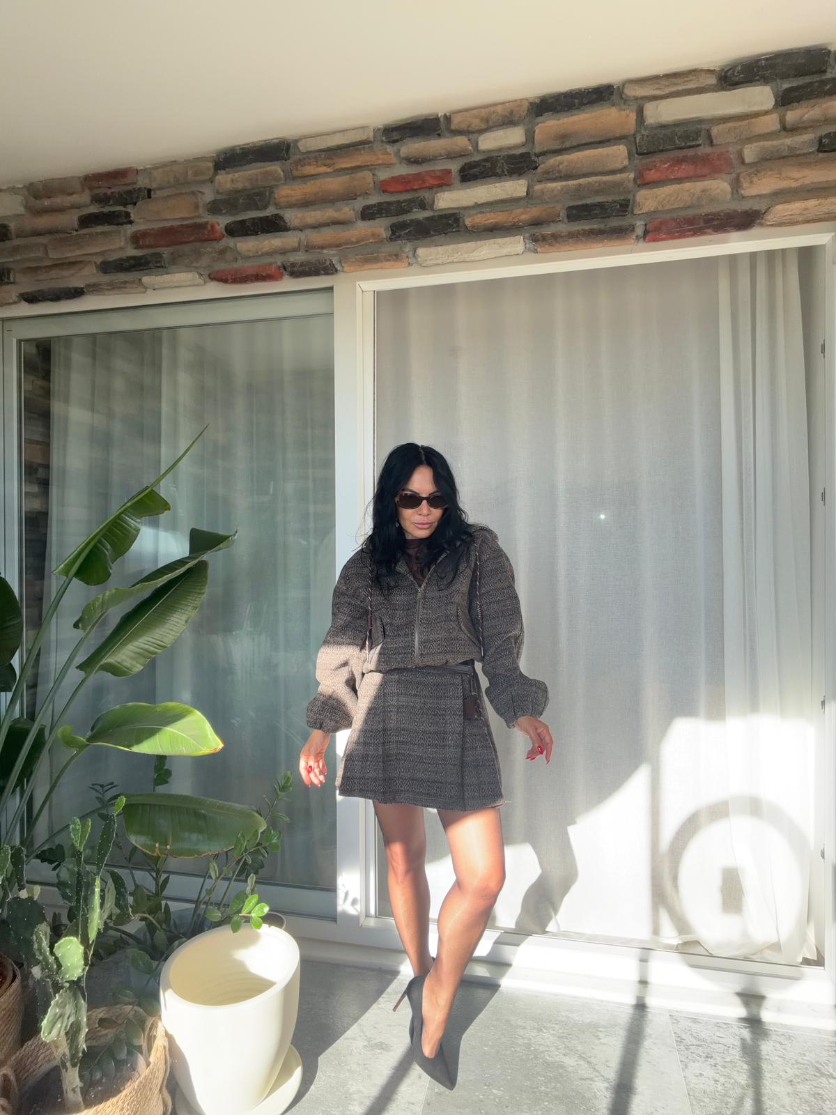 Kahve Balıksırtı Desenli Kapüşonlu Ceket