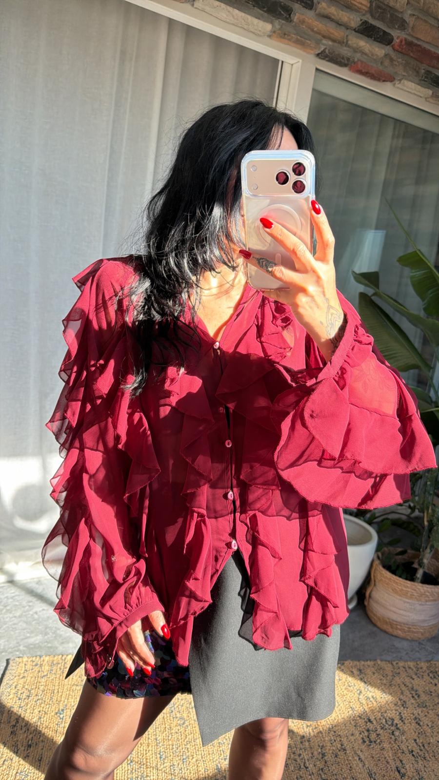 Bordo Fırfırlı Şifon Gömlek