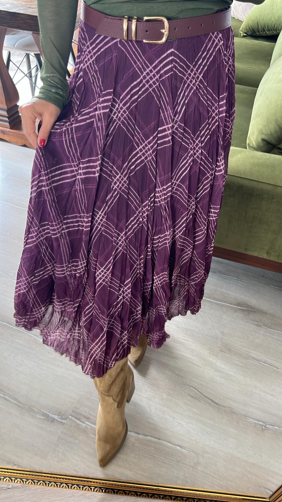 Mürdüm Ekose Desenli Pliseli Asimetrik Etek