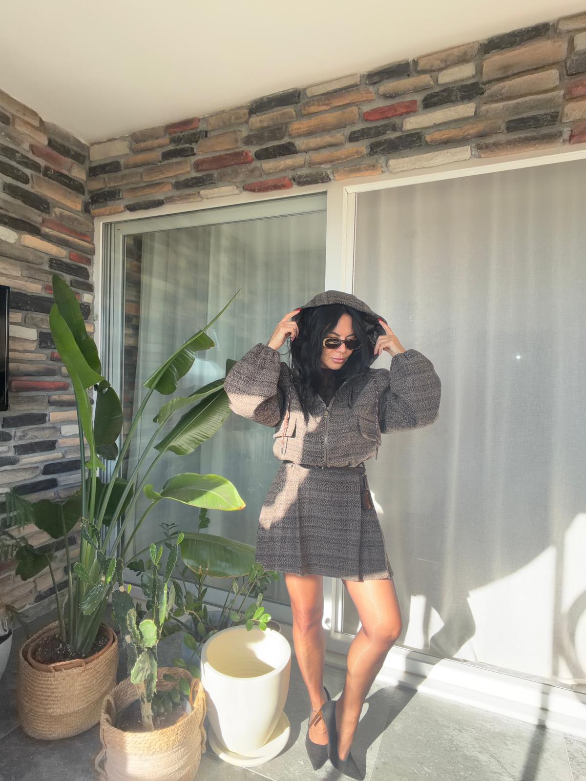 Kahve Balıksırtı Desenli Kapüşonlu Ceket