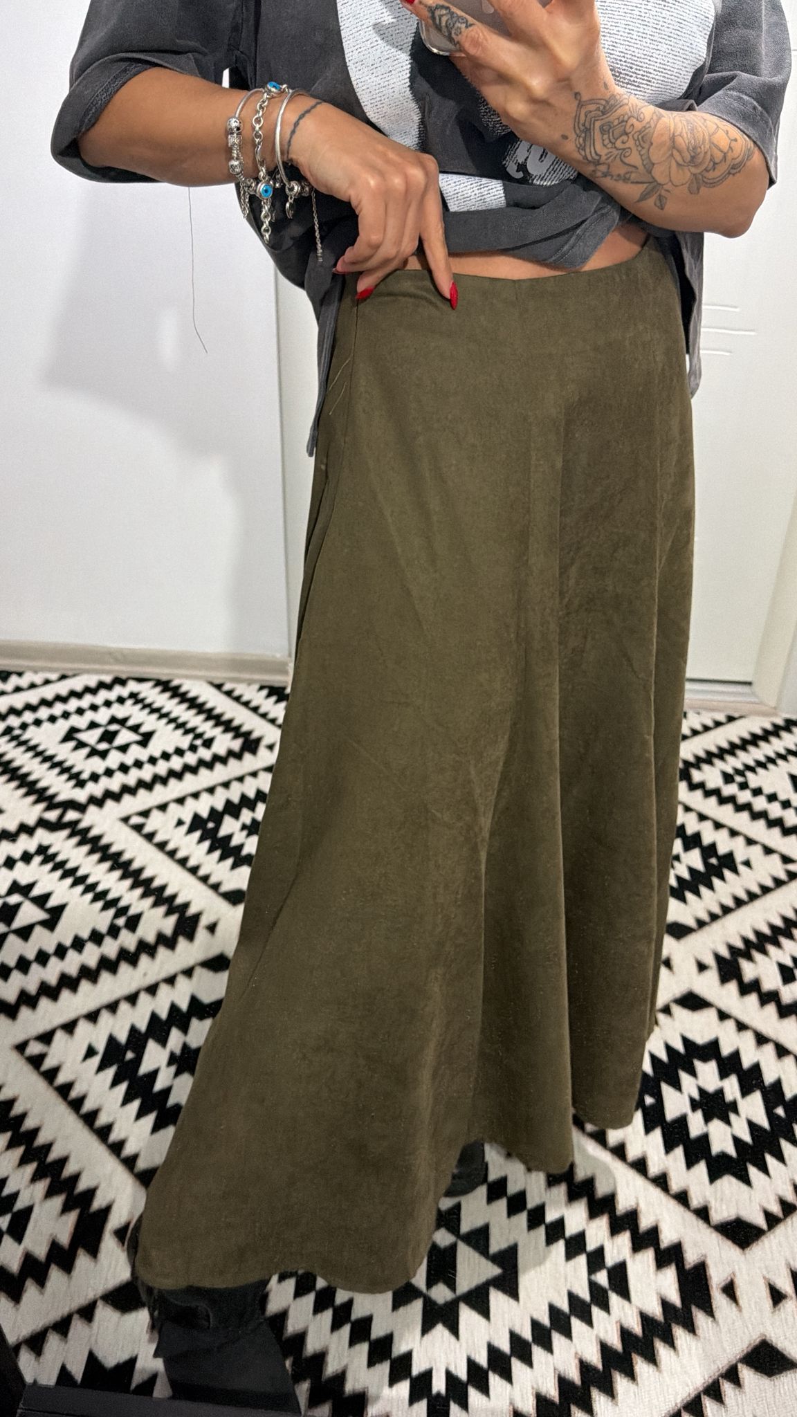 Olive Süet Midi Etek