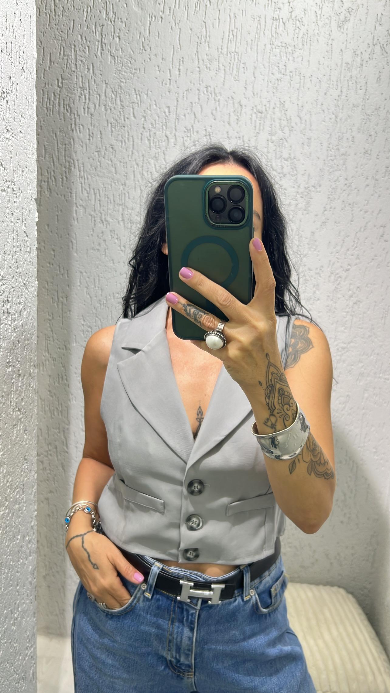Gri Kruvaze Crop Yelek