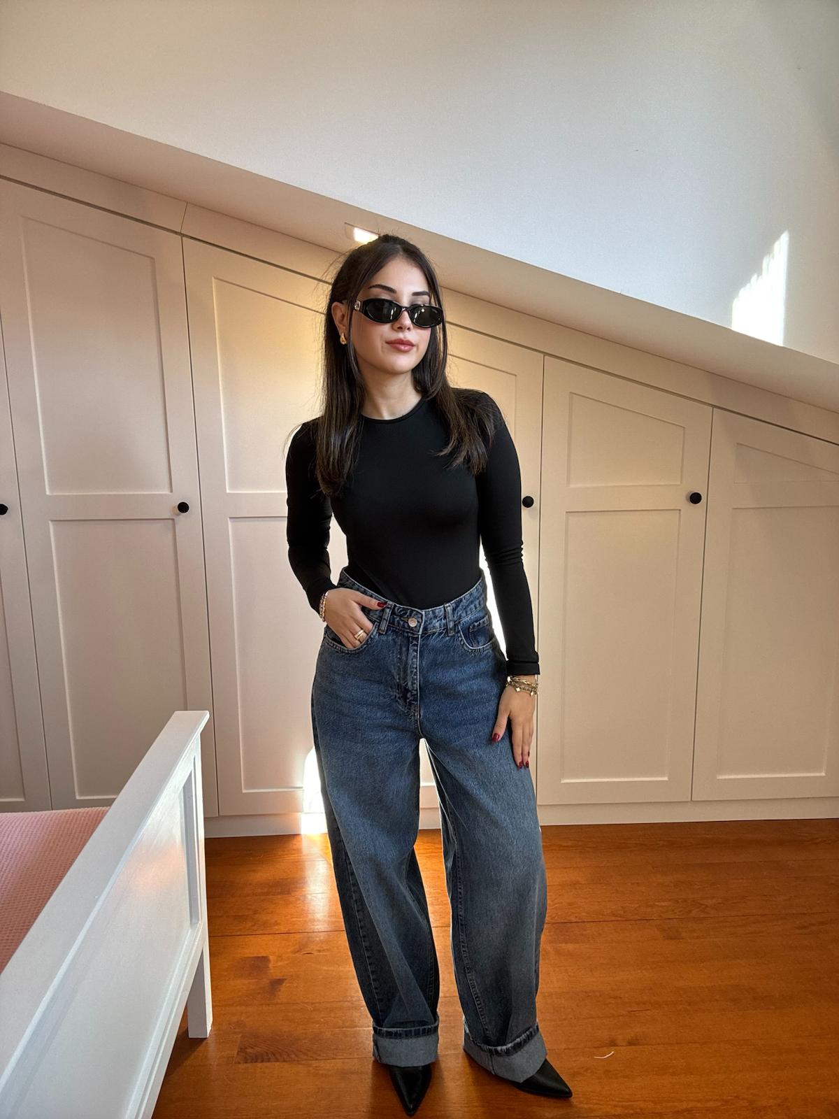 Koyu Mavi Kar Yıkamalı Baggy Jean