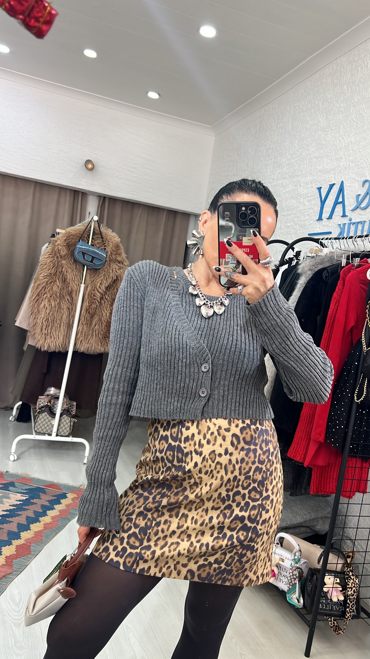 İnce Gabardin Leopar Desen Mini Etek (Kahve)