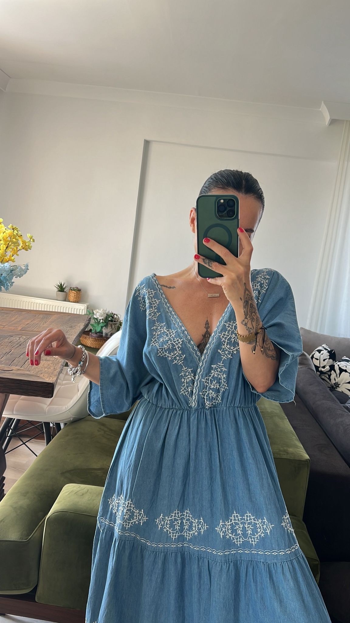 Nakışlı İnce Denim Bohem Elbise