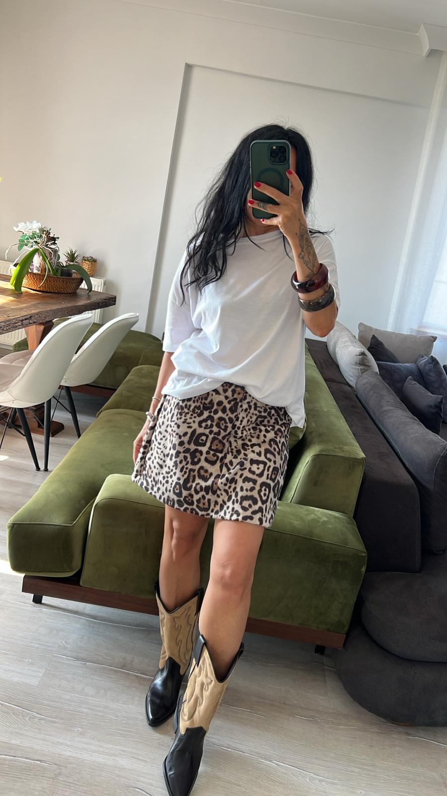 Leopar Desen Süet Etek