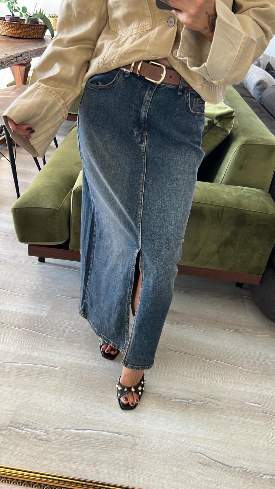 Denim Ön Yırtmaçlı Etek