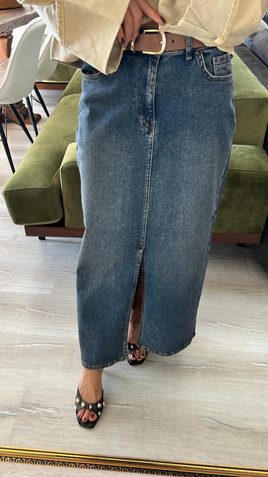 Denim Ön Yırtmaçlı Etek