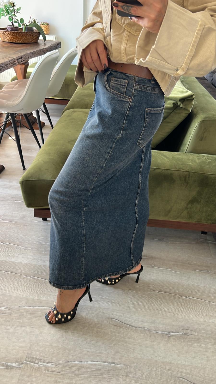 Denim Ön Yırtmaçlı Etek