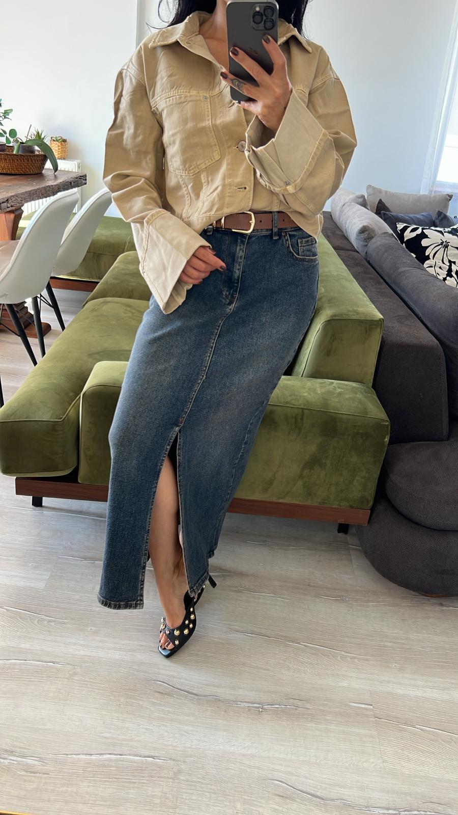 Denim Ön Yırtmaçlı Etek