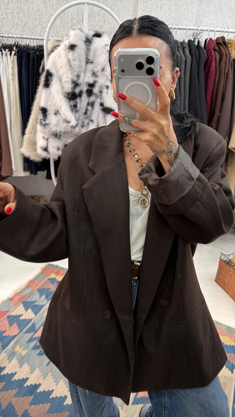 Kahve Çizgili Oversize Blazer Ceket 