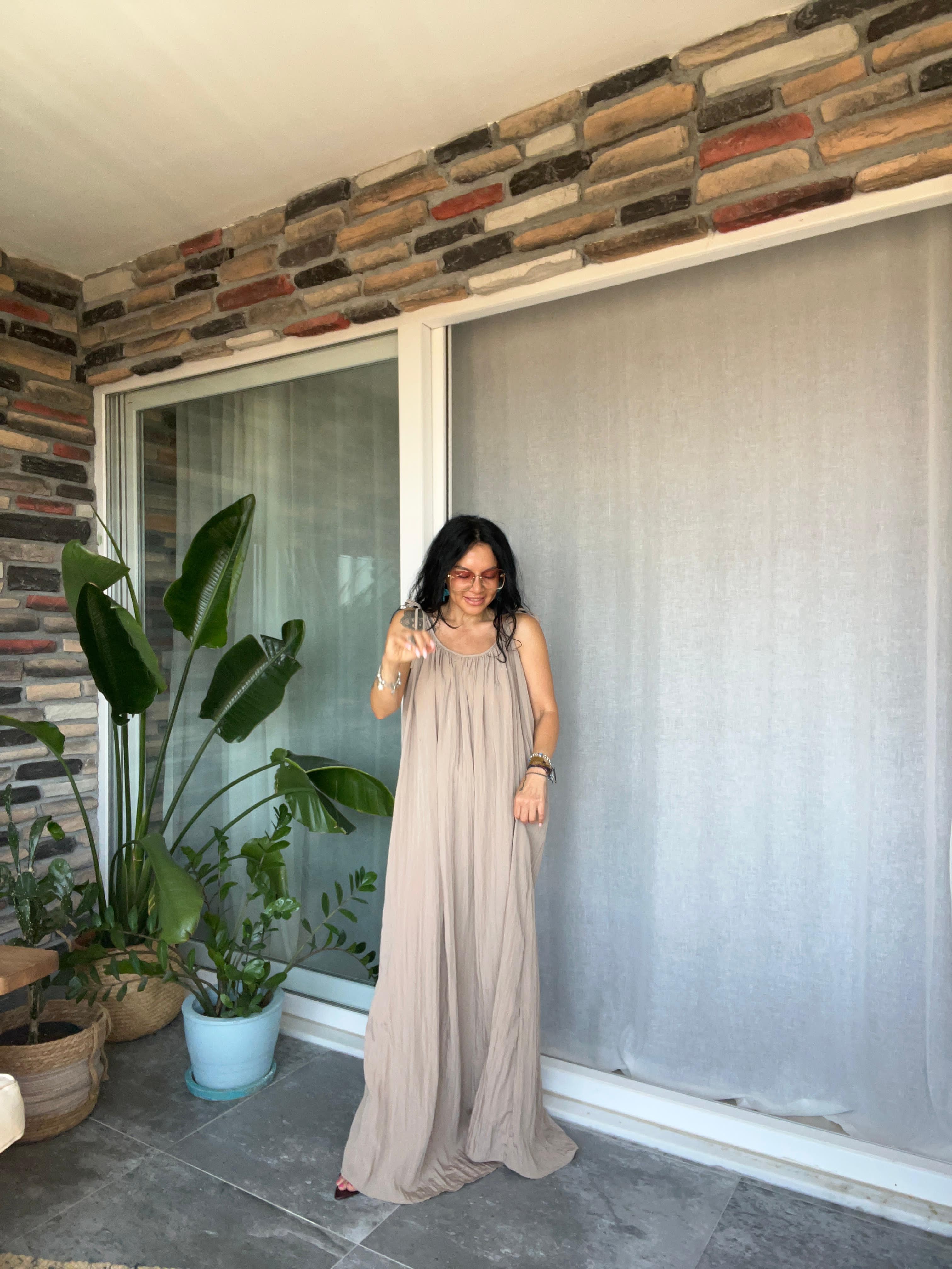 Camel Kraşlı Maxi Elbise