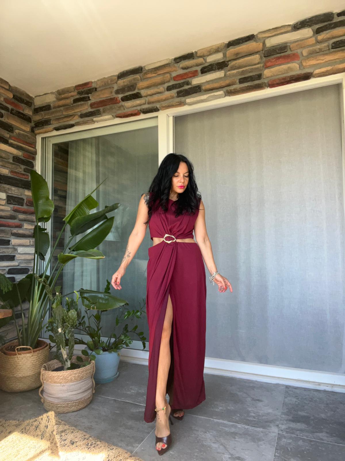Beli Tokalı Drape Elbise  - Bordo