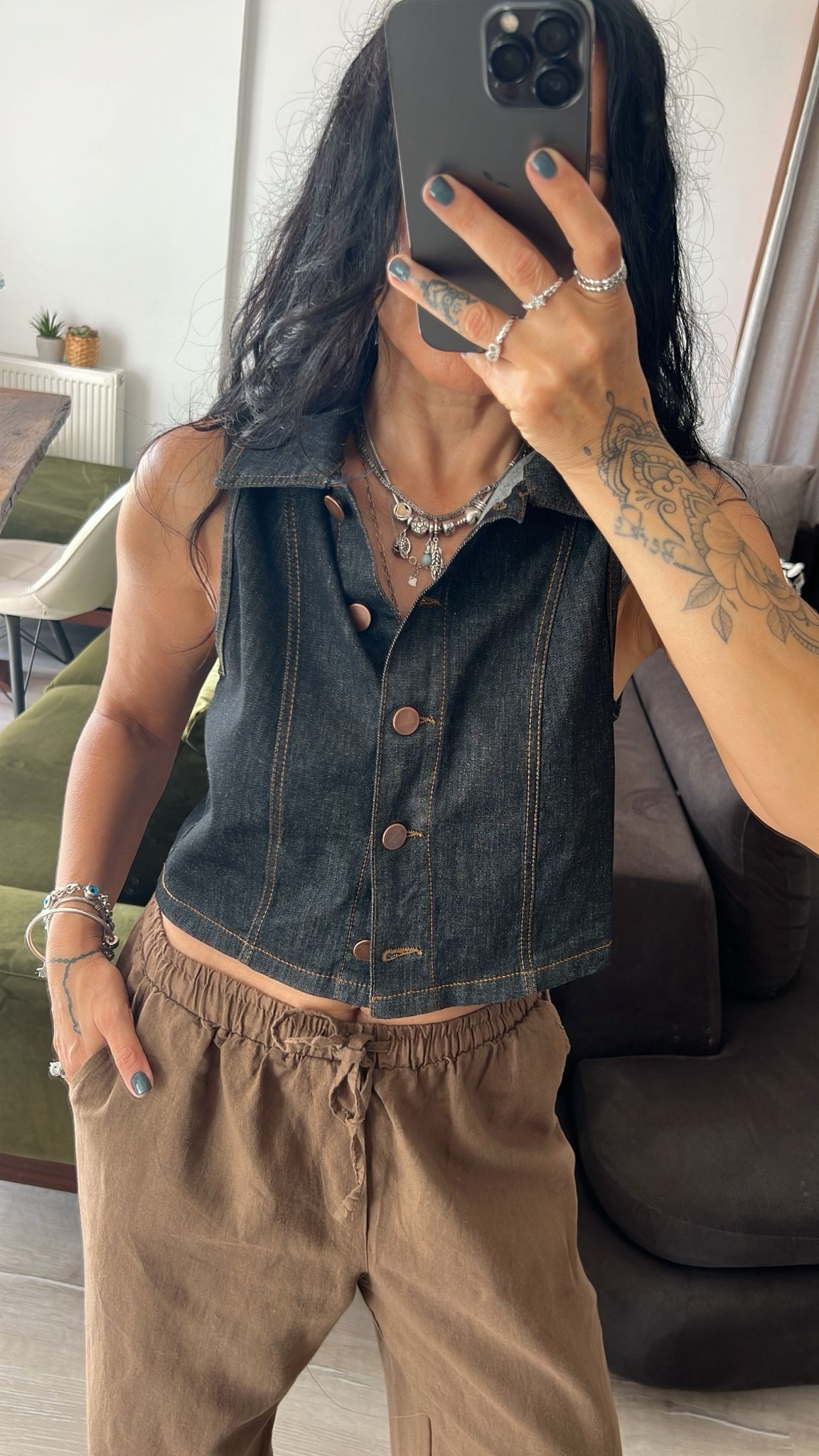 Düğmeli Kolsuz Denim Yelek