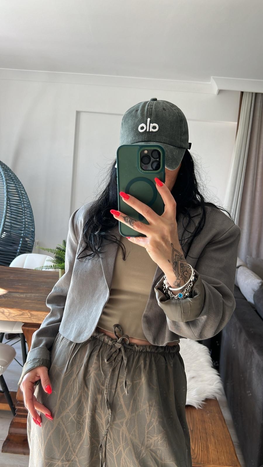 Haki Ham Keten Crop Blazer Ceket