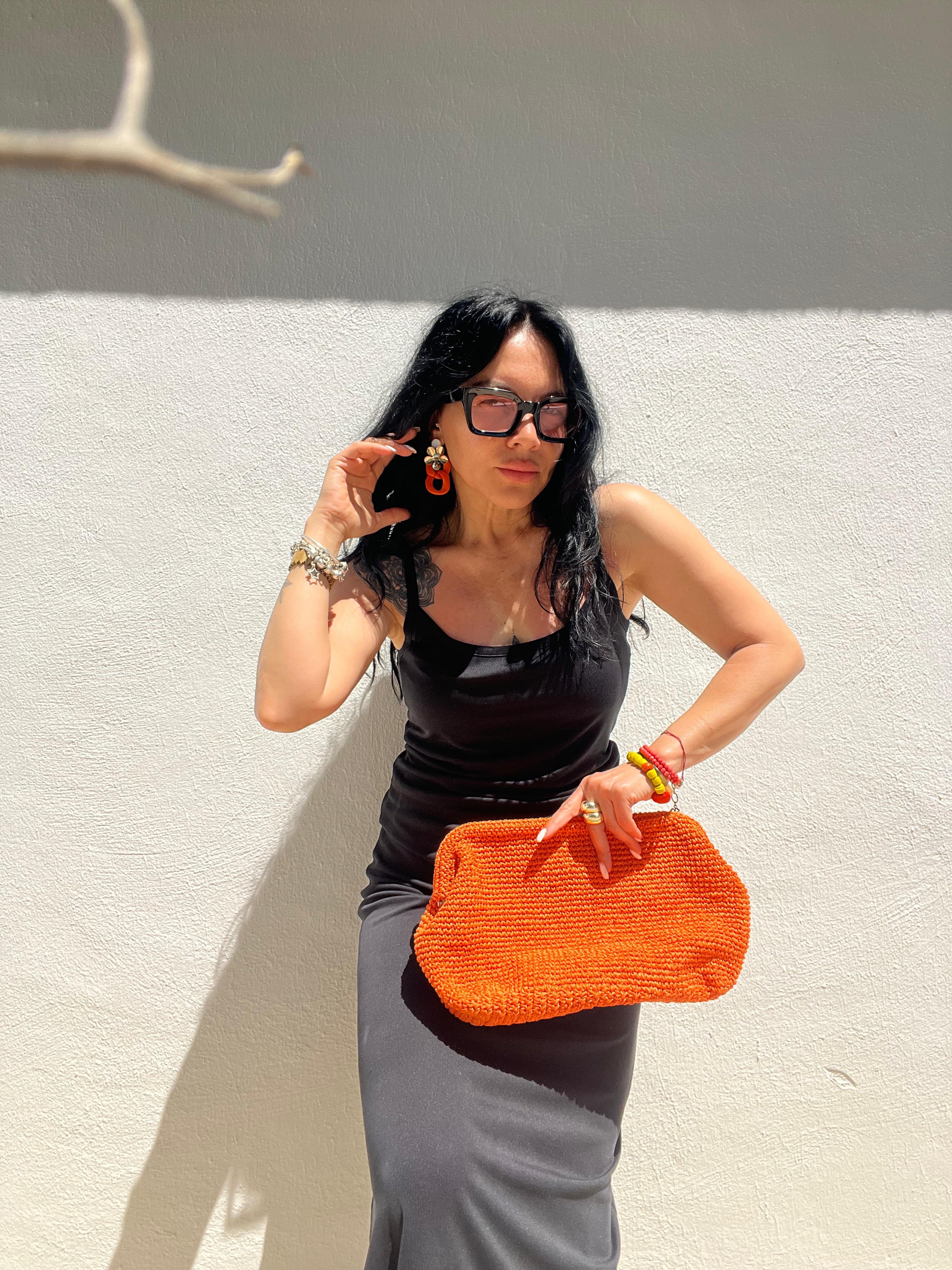 Turuncu Örgü Clutch Çanta