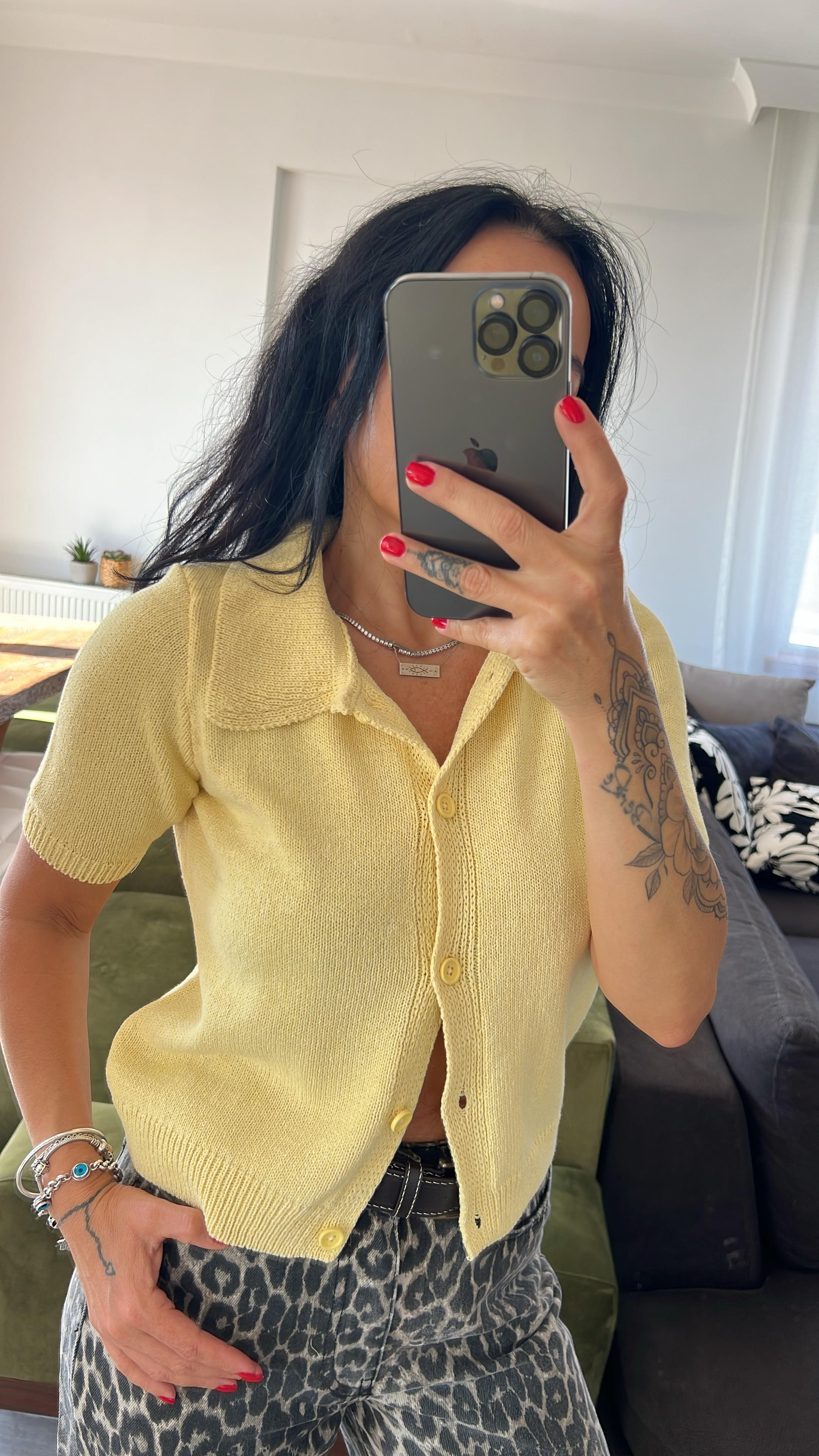 Orj Gömlek Yaka Sarı Triko Hırka