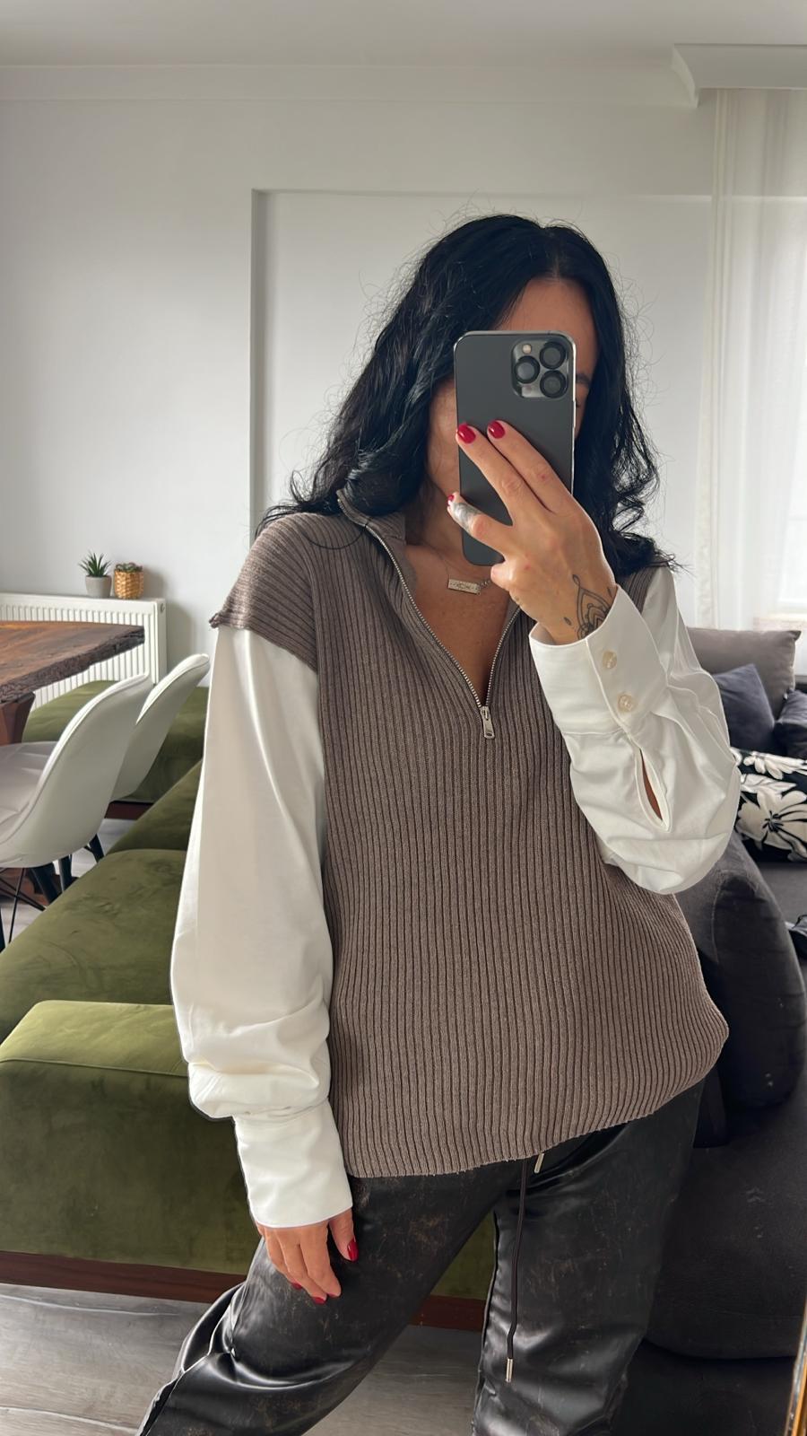 ZR Yarım Fermuarlı Vizon Triko Kazak