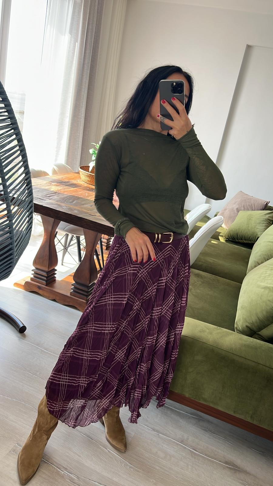 Mürdüm Ekose Desenli Pliseli Asimetrik Etek