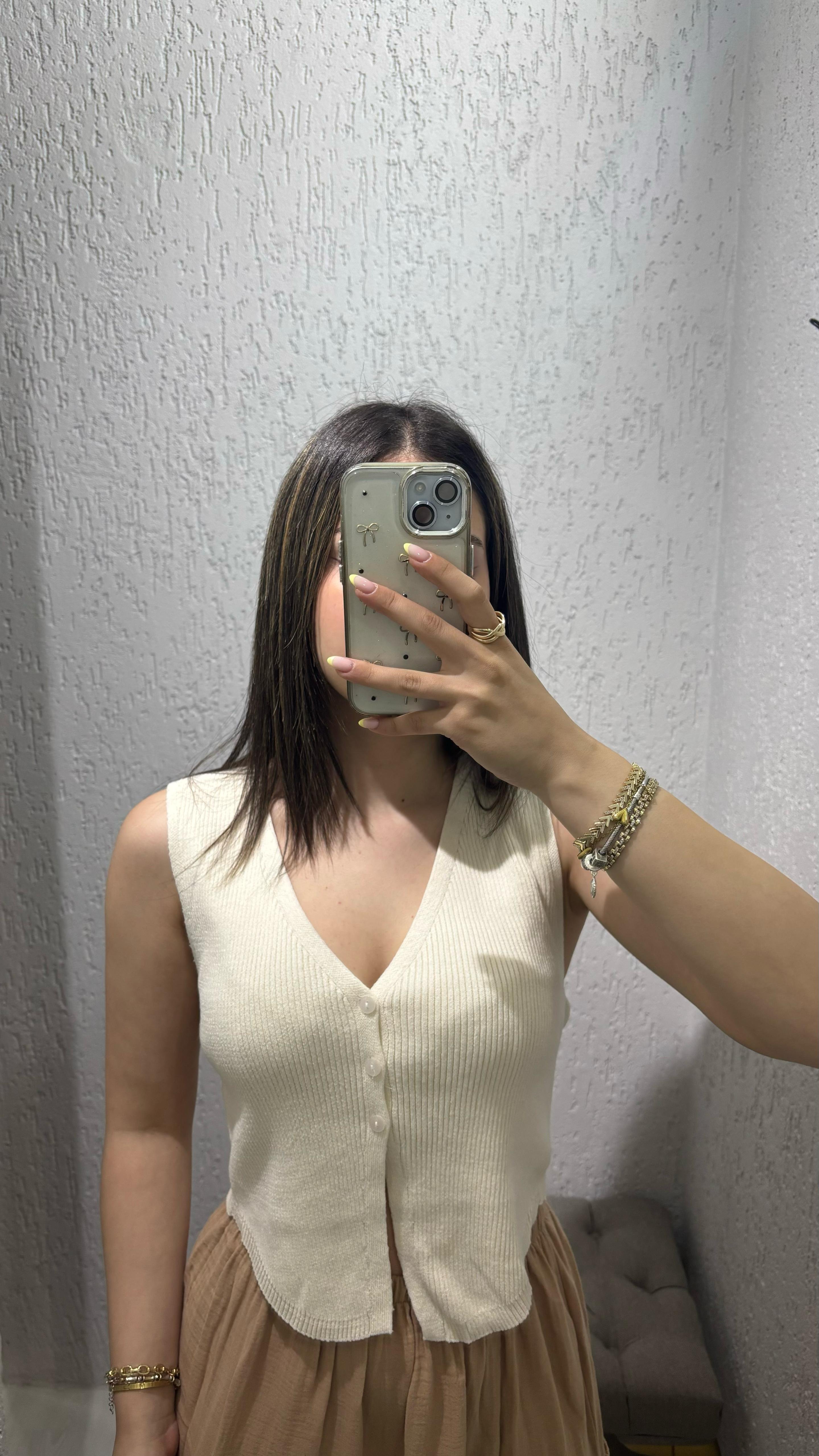 Fitilli Ekru Triko Yelek