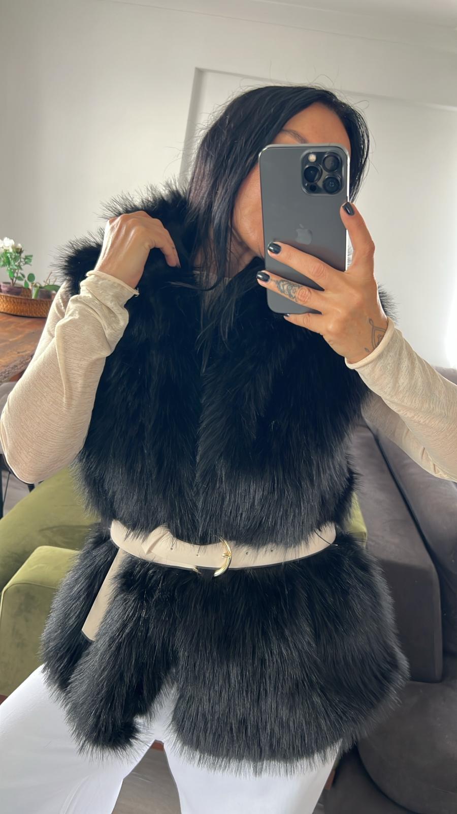 Kemerli Uzun Kürk Yelek - Siyah