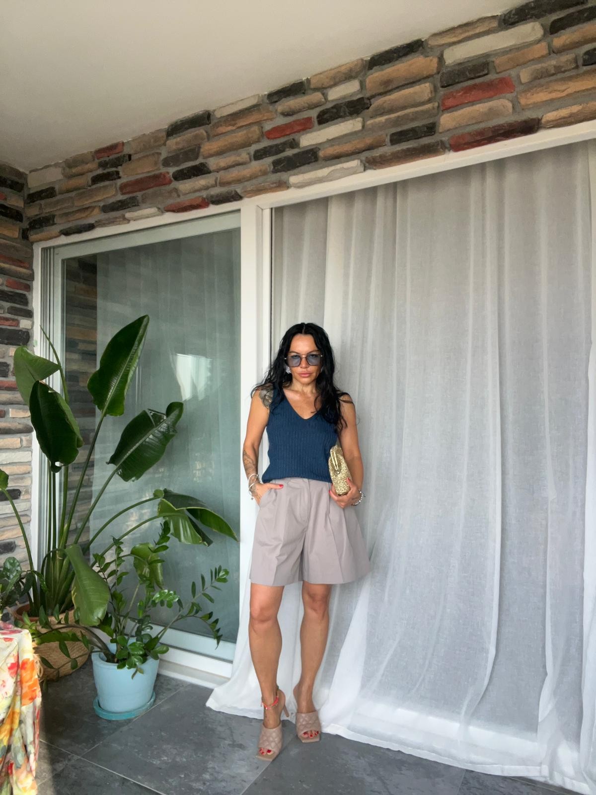 Mavi Askılı Triko Bluz