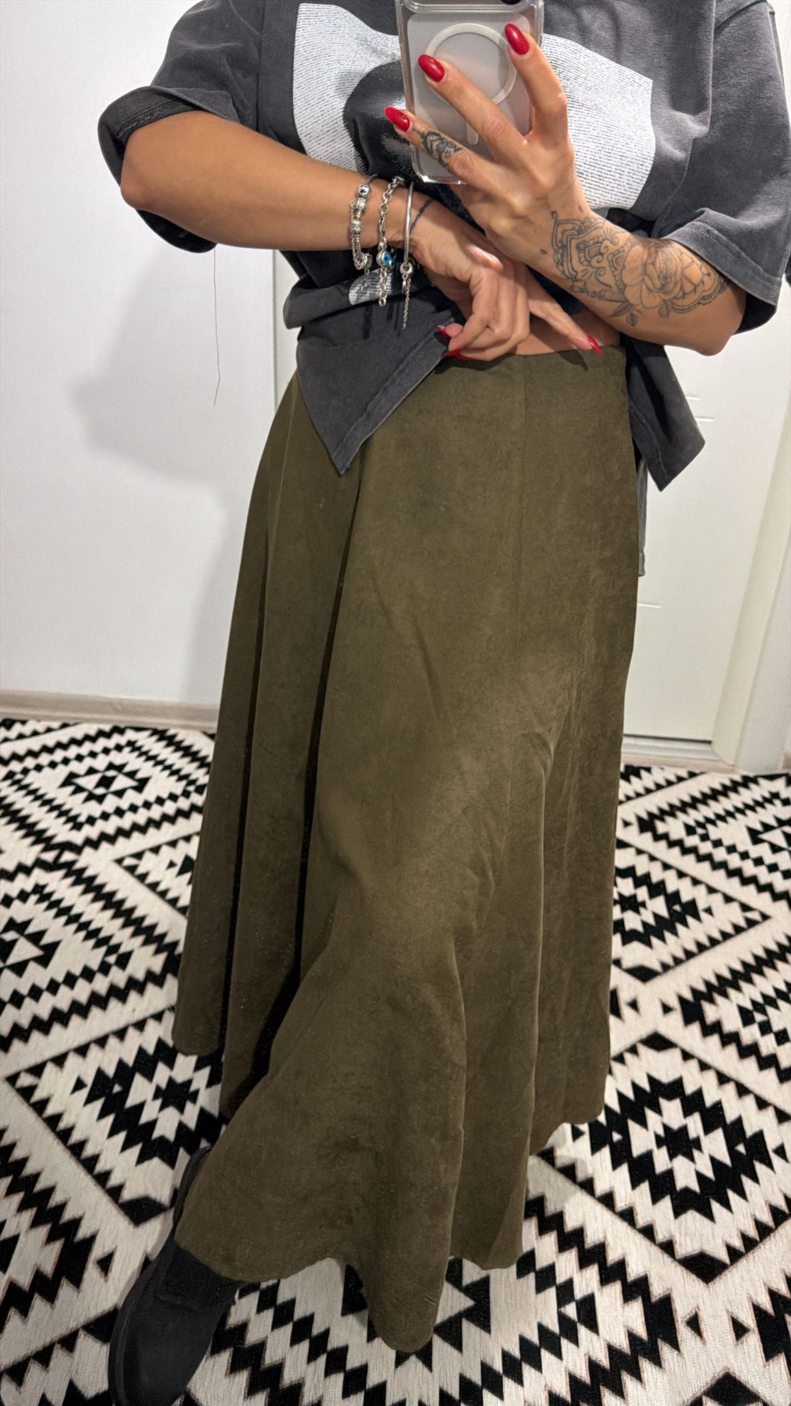 Olive Süet Midi Etek