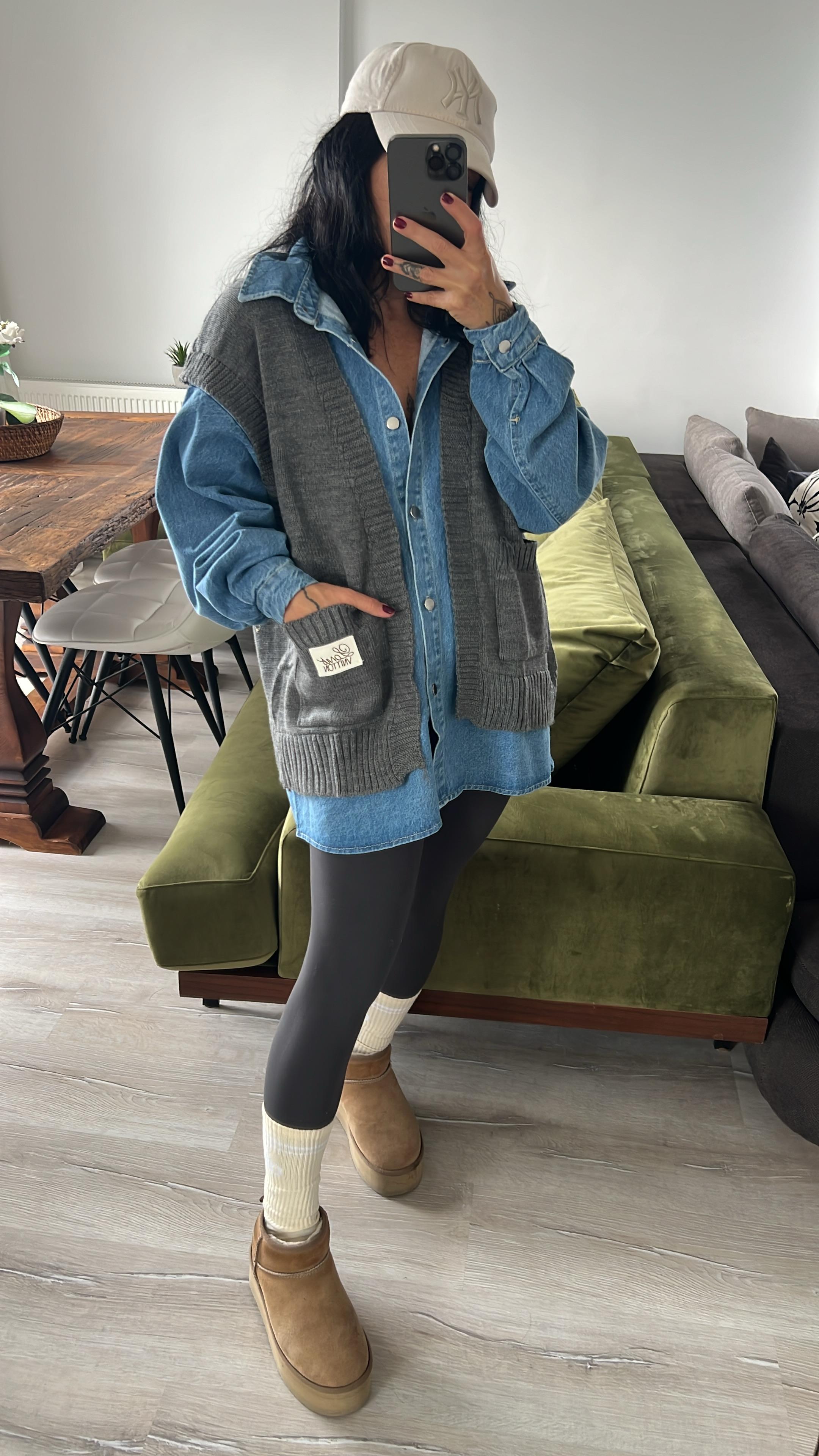 Garnili Triko Detaylı Denim Gömlek