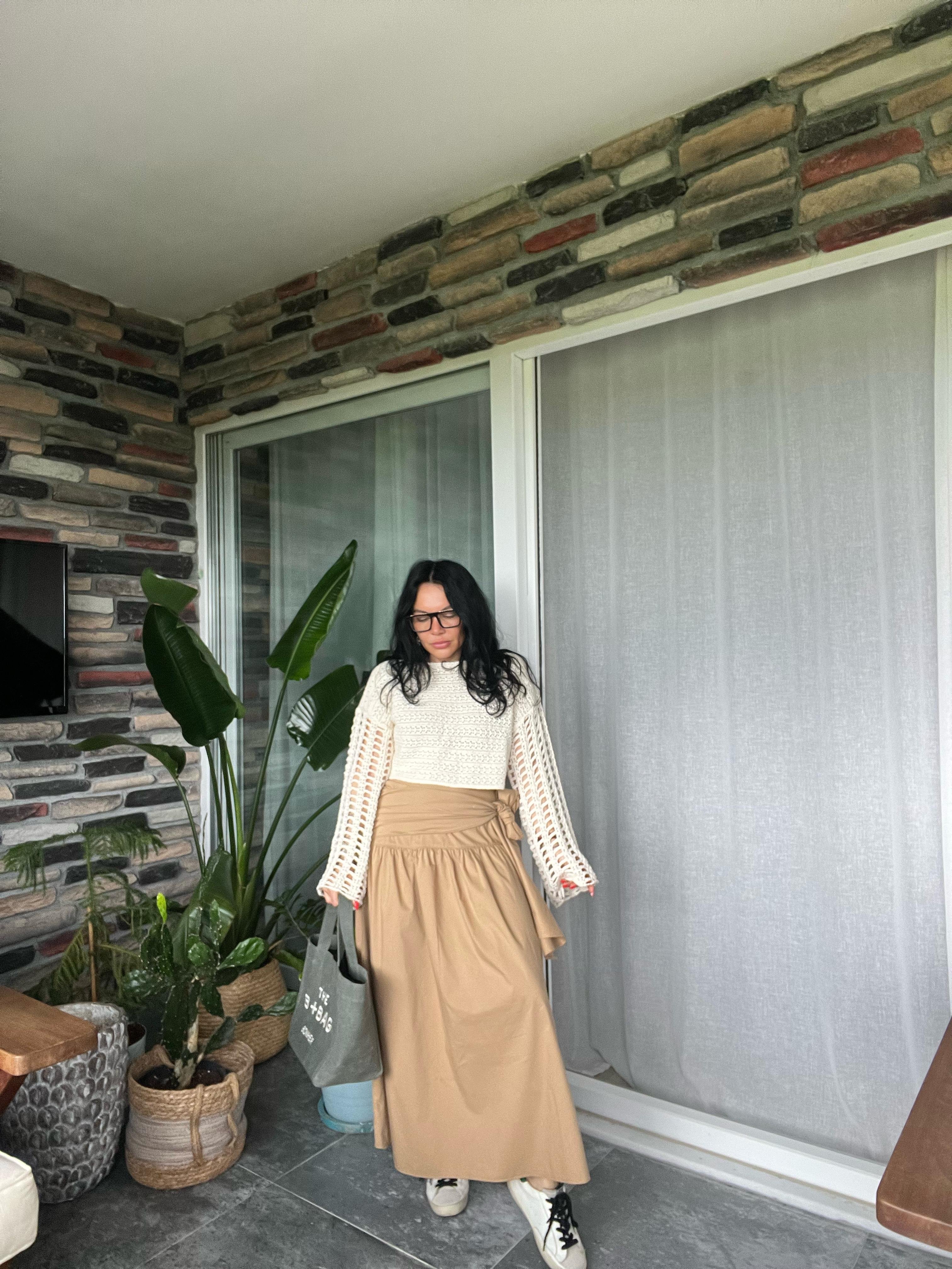 Kuşak Detaylı Etek - Latte