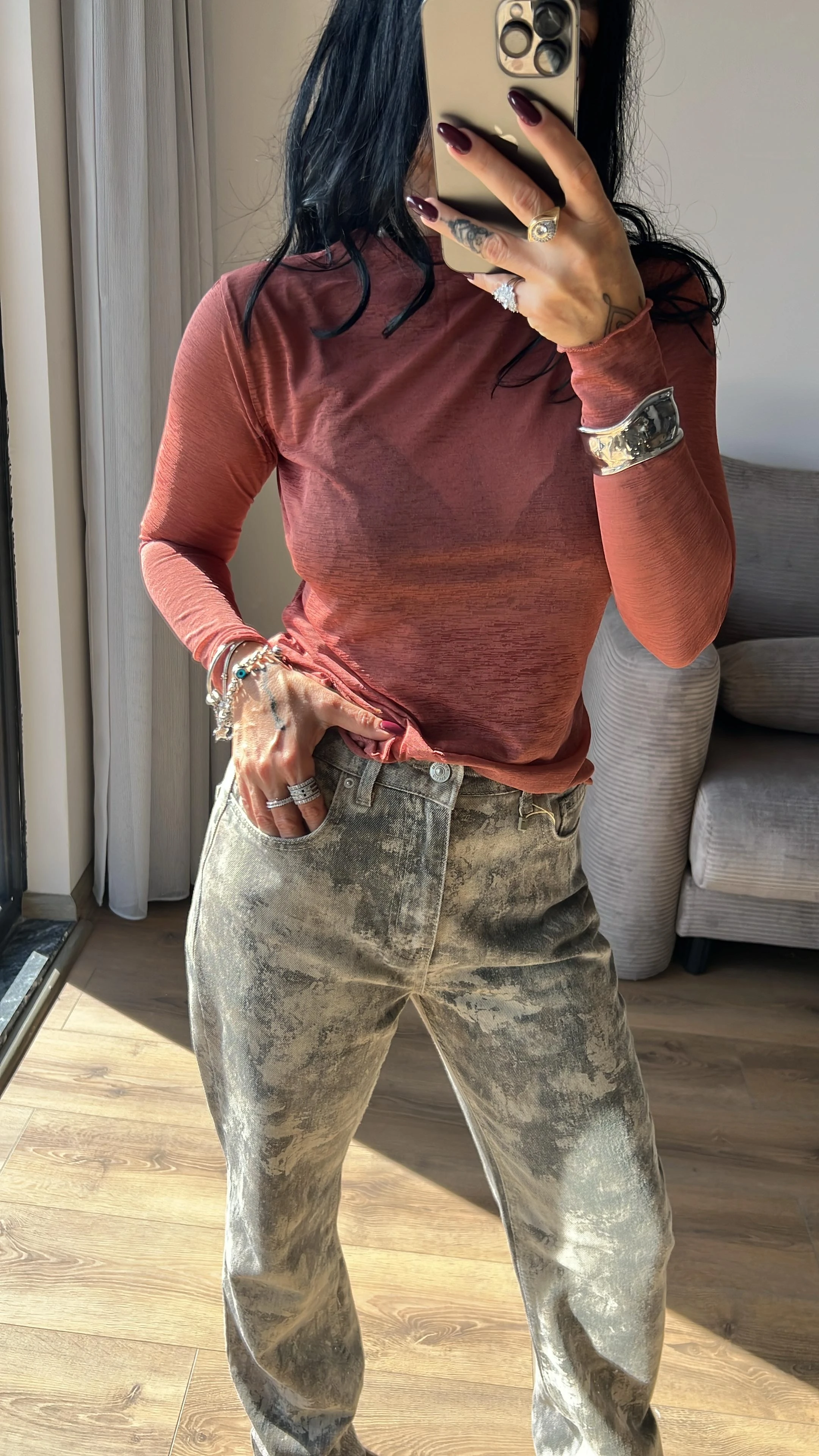 Dilvin Batik Desenli Denim Pantolon - Haki