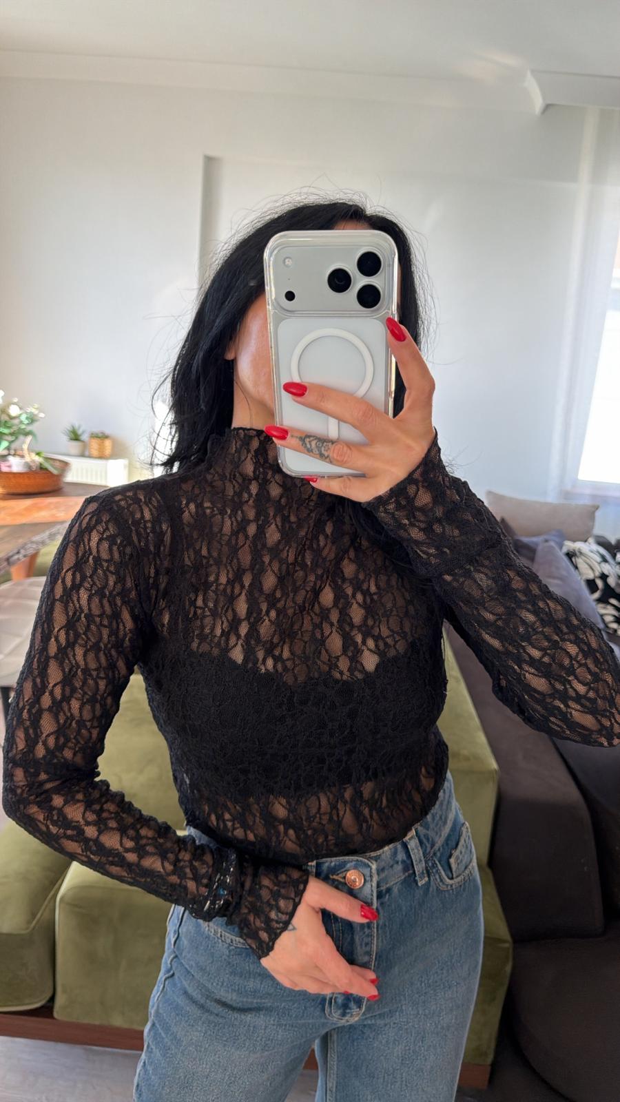 Dik Yaka Dantel Çıtçıtlı Bodysuit - Siyah