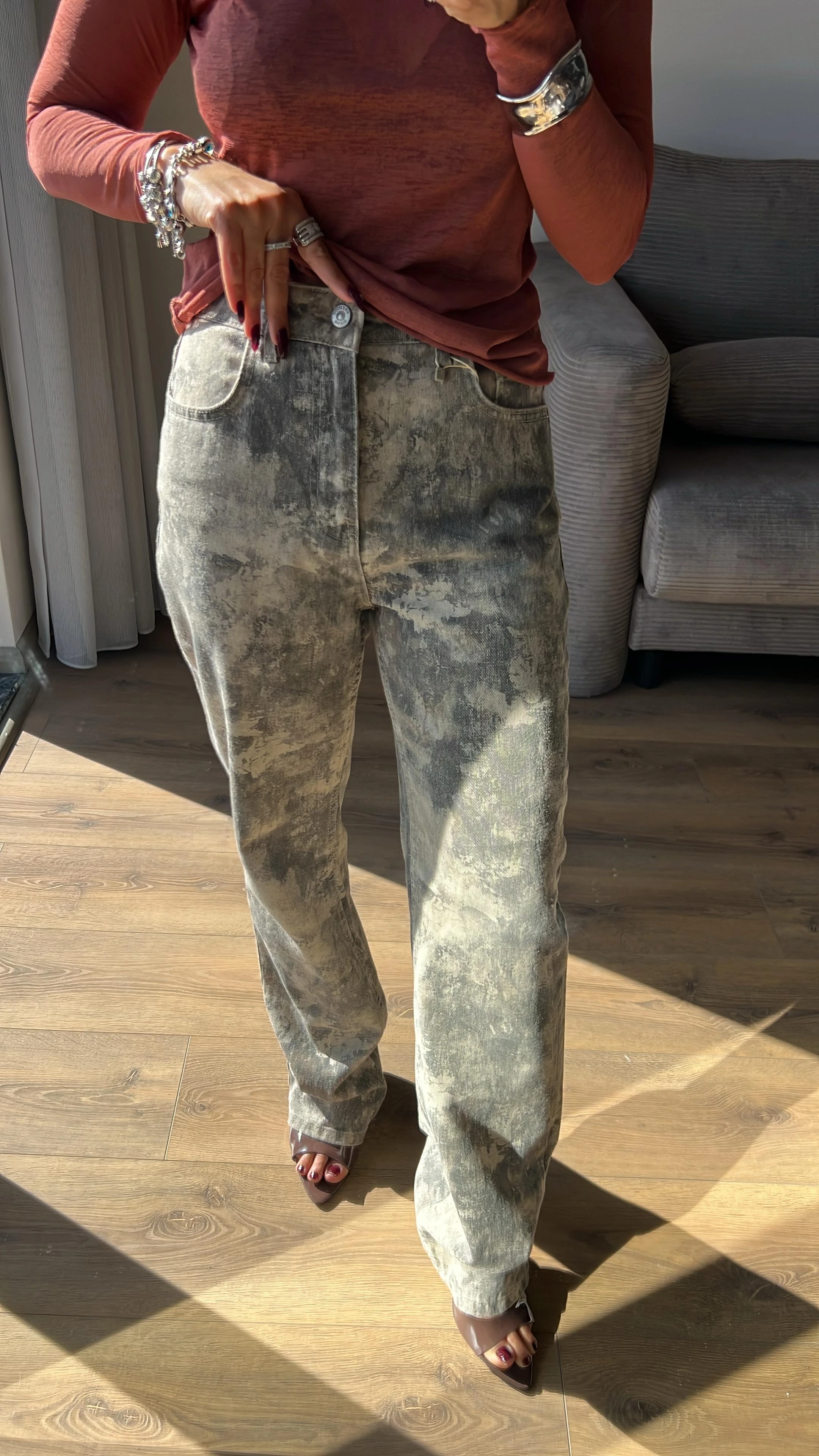 Dilvin Batik Desenli Denim Pantolon - Haki