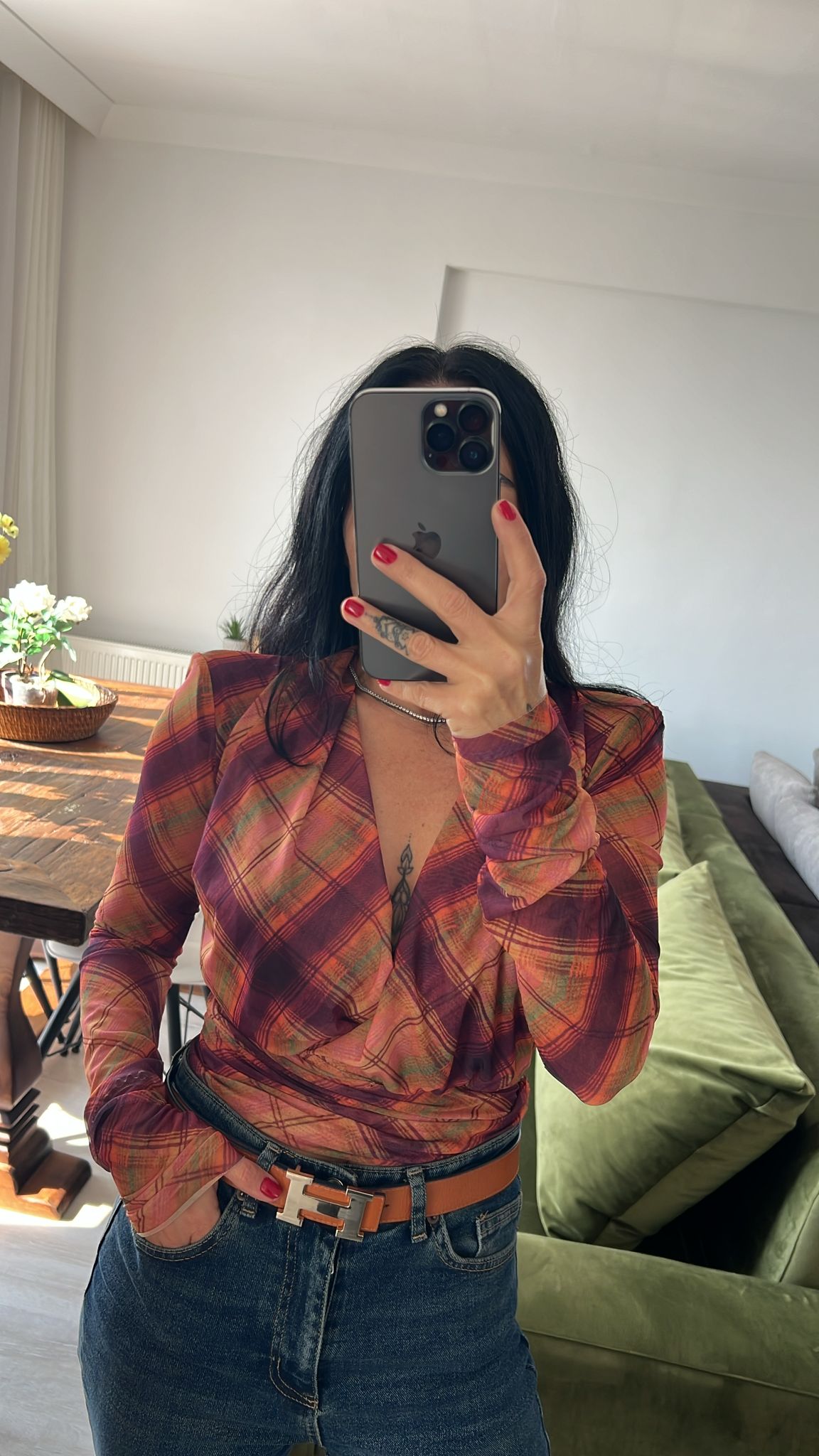 Ekose Desen Kruvaze Vatkalı Bluz