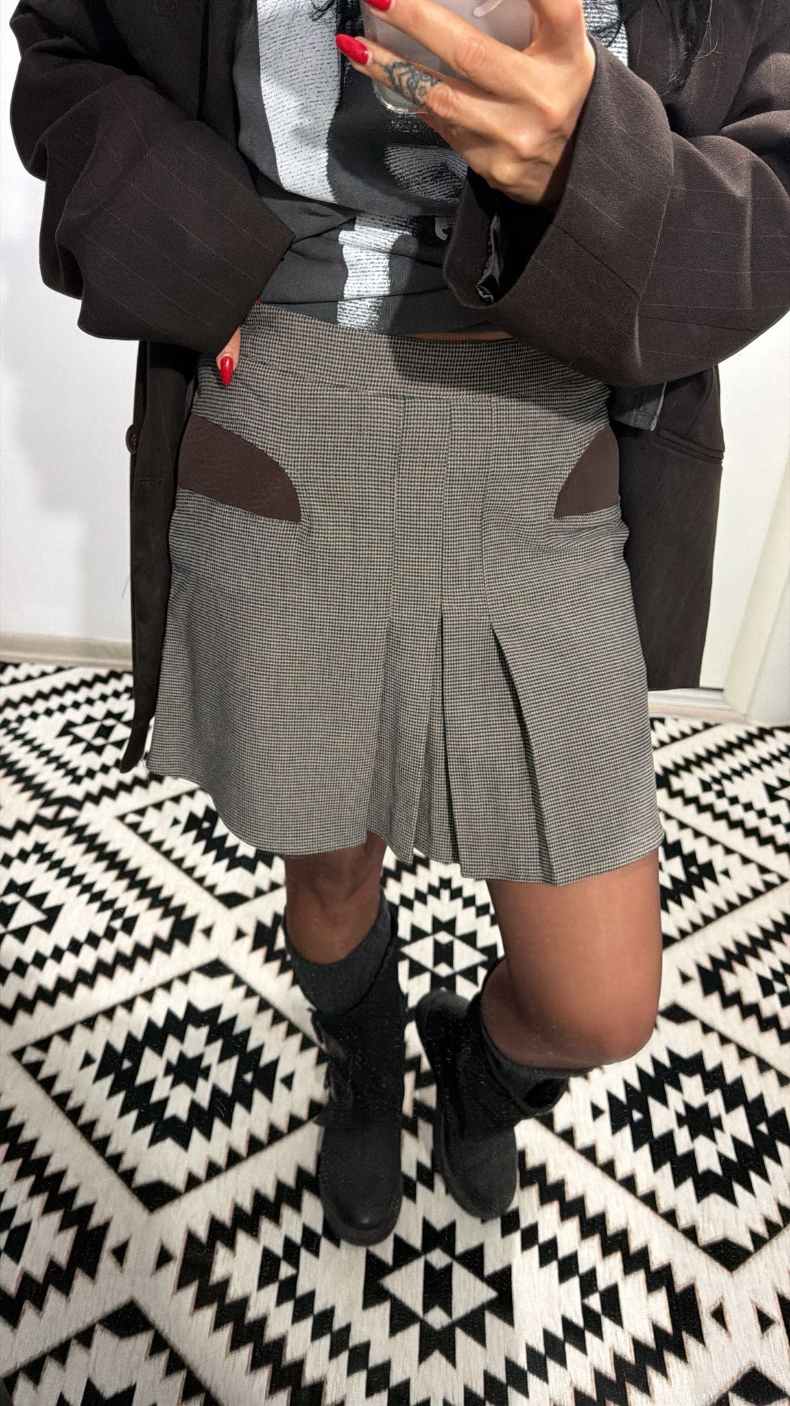 Deri Garnili Pötikareli Mini Etek 