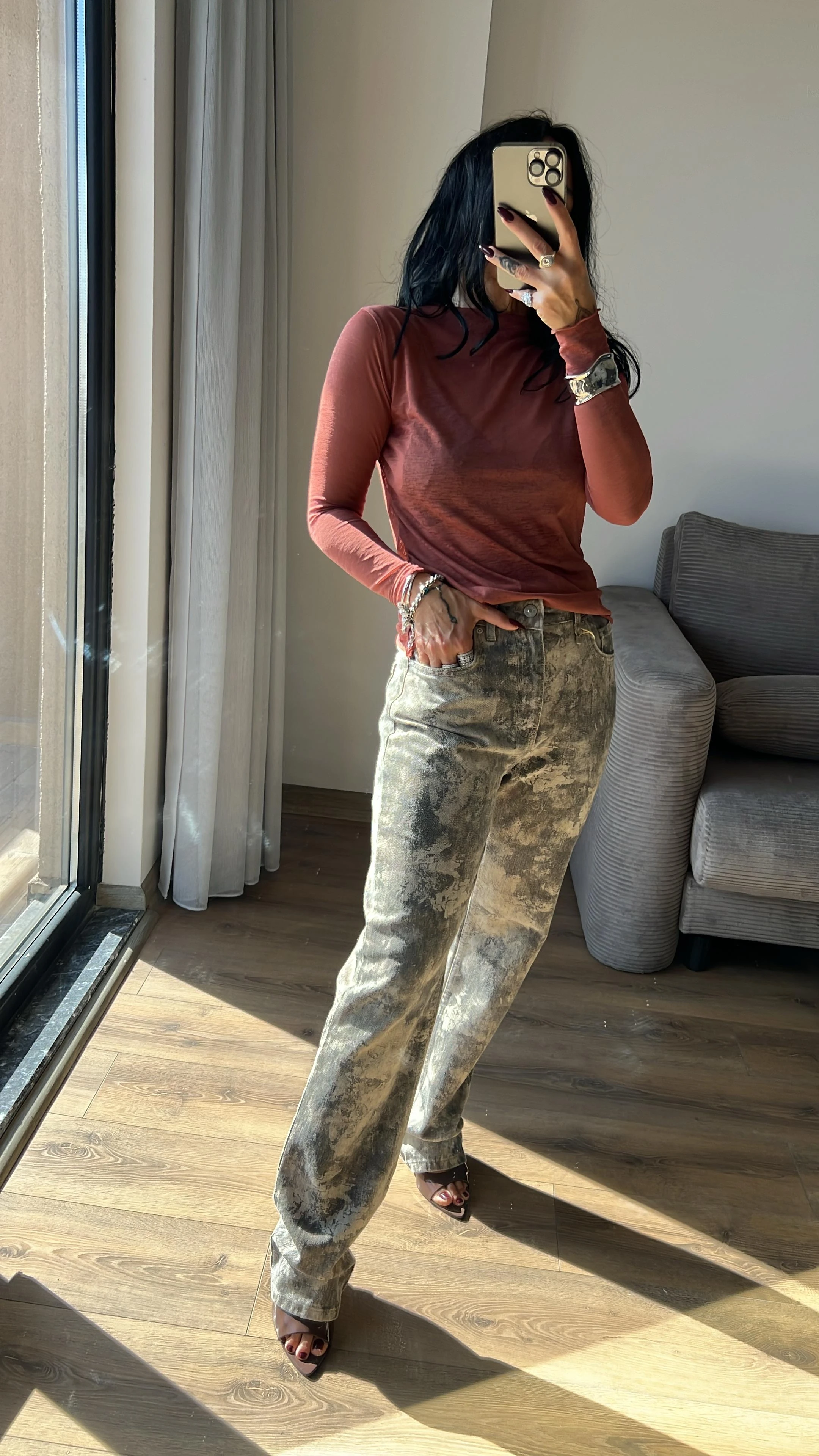 Dilvin Batik Desenli Denim Pantolon - Haki