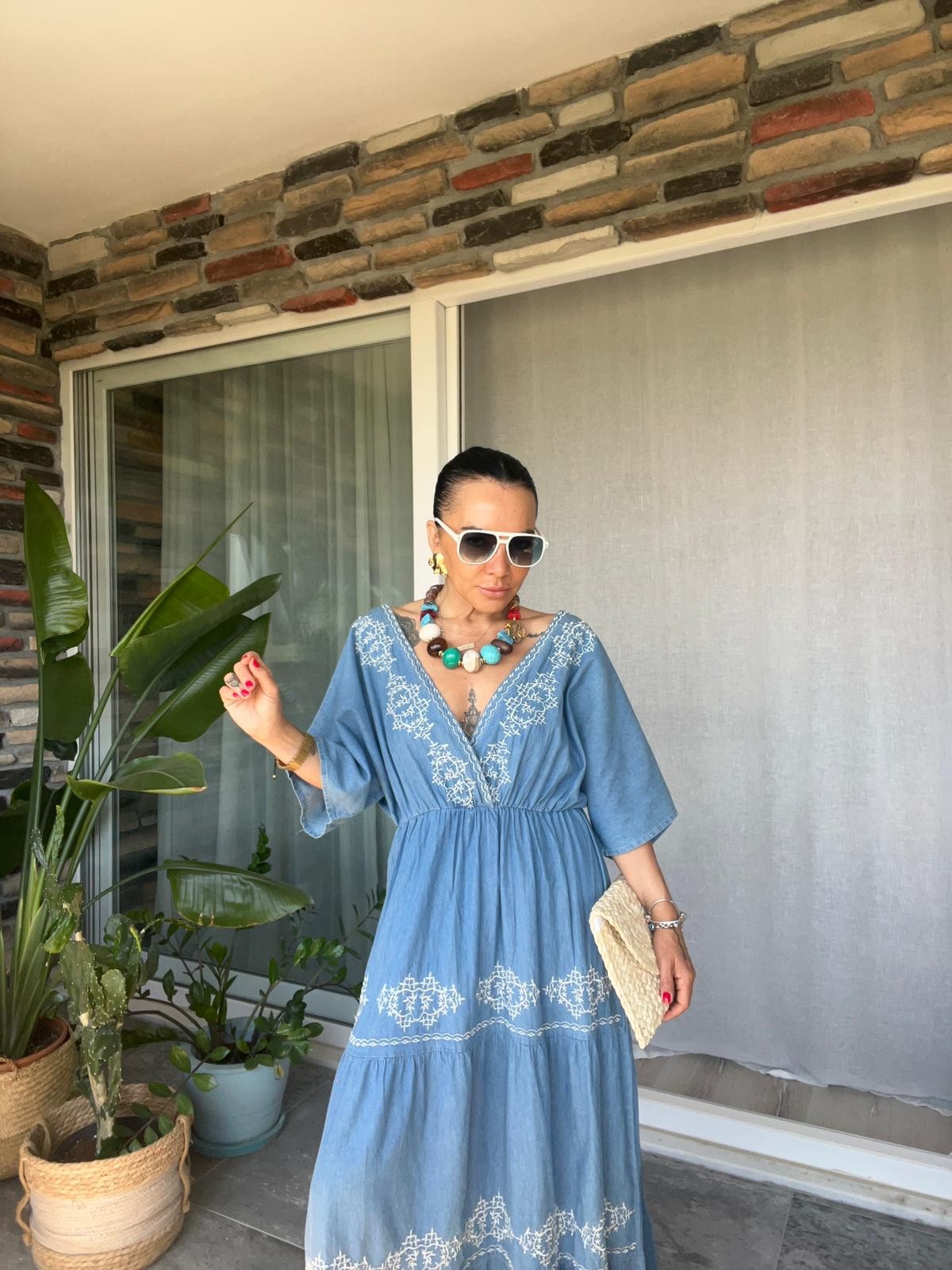 Nakışlı İnce Denim Bohem Elbise