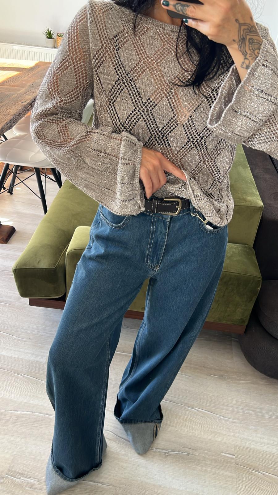 Paçası Kıvrık Geniş Kesim Mavi Denim Pantolon