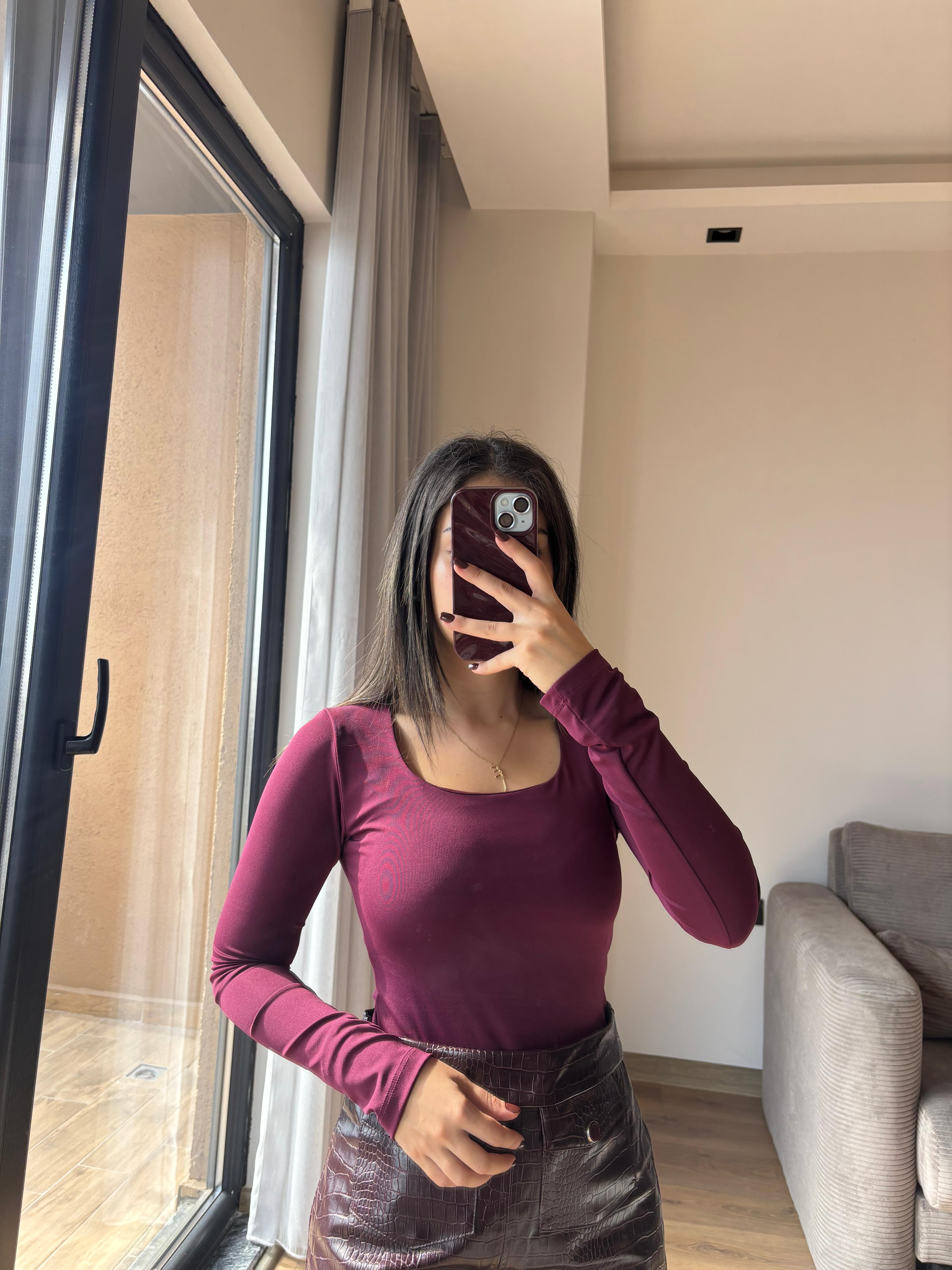 Mürdüm Kare Yaka Bodysuit